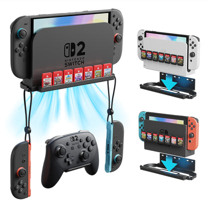 PlayVital メタル壁掛けスタンド 7枚のゲームカードスロット＆折りたたみ式コントローラーホルダー2個付き Nintendo Switch 2・Switch・Switch OLED用【ブラック】