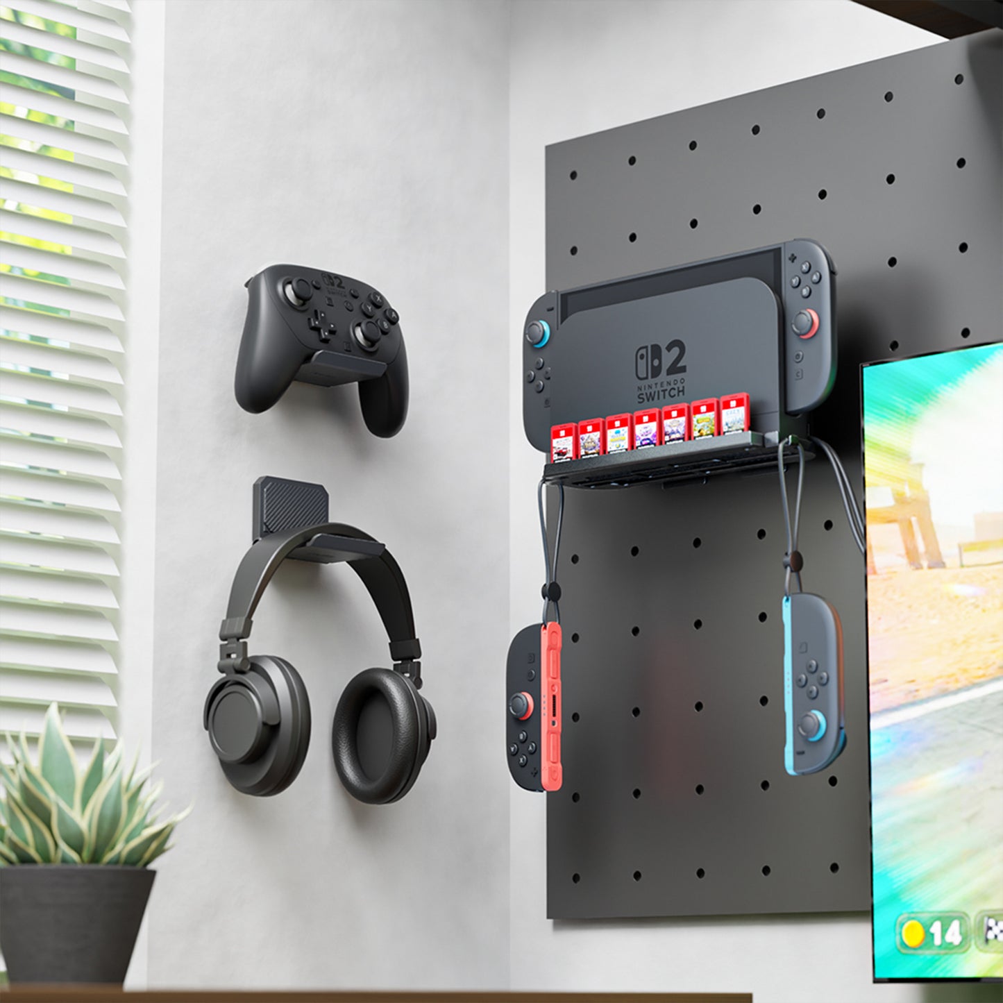 PlayVital メタル壁掛けスタンド 7枚のゲームカードスロット＆折りたたみ式コントローラーホルダー2個付き Nintendo Switch 2・Switch・Switch OLED用【ブラック】