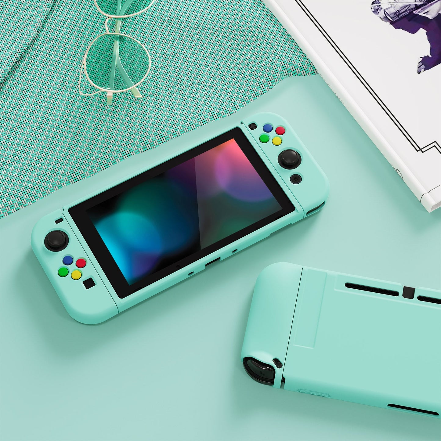 PlayVital Misty Green Protective Case for NS Switch, Soft TPU Slim Case Cover for NS Switch Console with Colorful ABXY Direction Button Caps - NTU6032G2 PlayVital