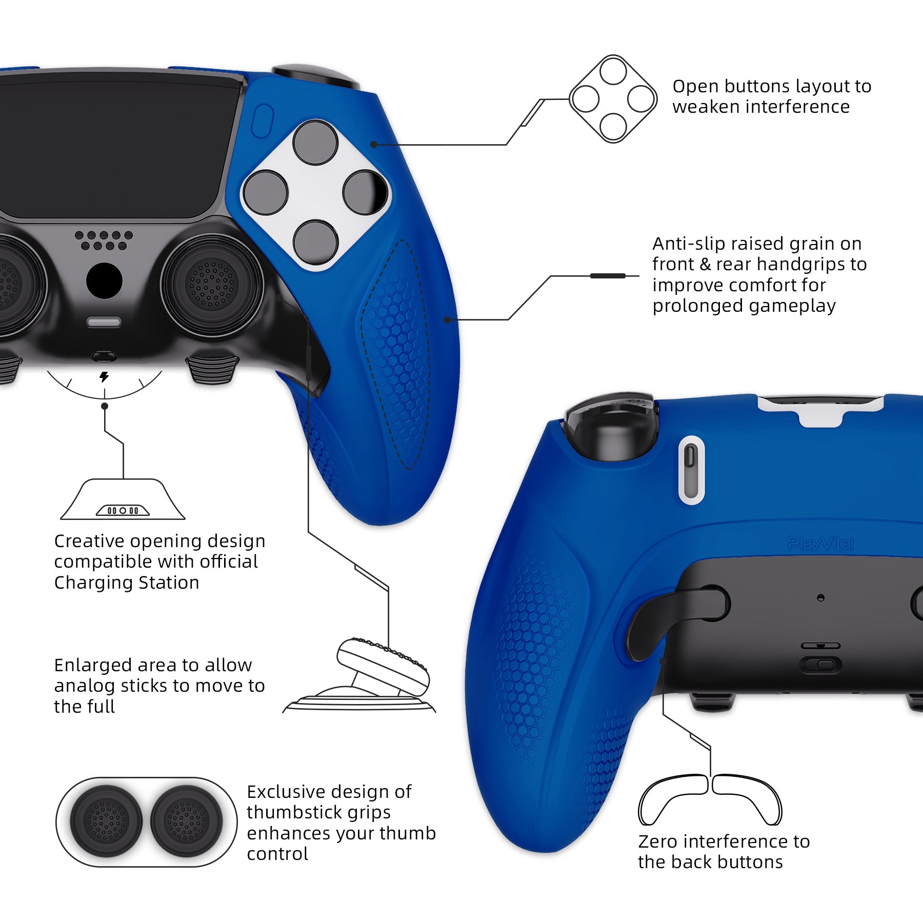 PlayVital Ninja Edition Anti-Slip Half-Covered Silicone Cover Skin with Thumb Grip Caps for PS5 Edge Controller - Blue - EYPFP008 PlayVital