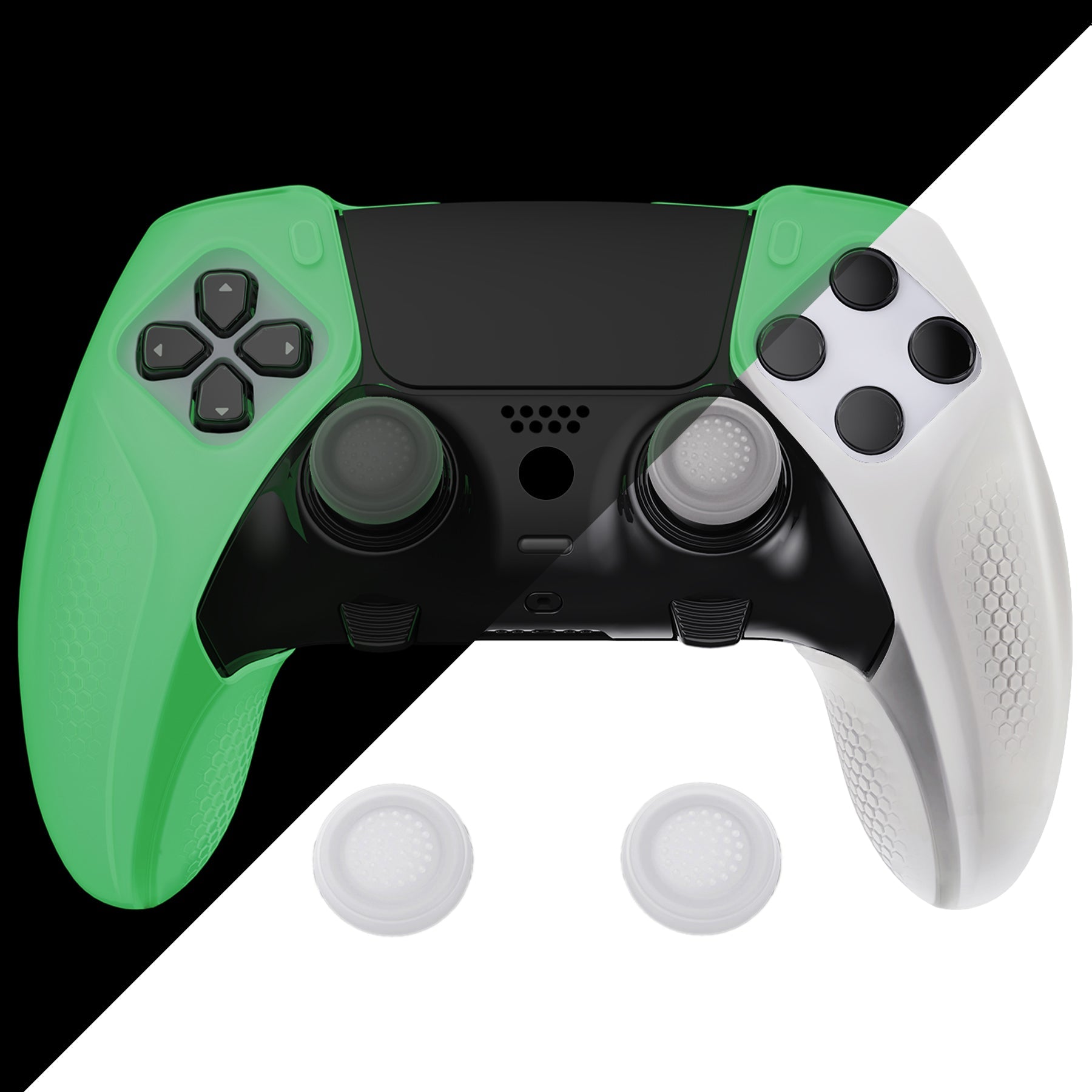 PlayVital Ninja Edition Anti-Slip Half-Covered Silicone Cover Skin with Thumb Grip Caps for PS5 Edge Controller - Glow in Dark - Green - EYPFP006 PlayVital