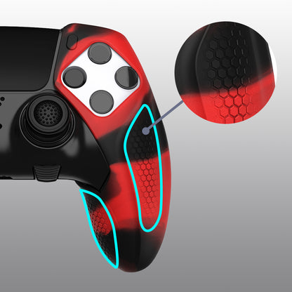 PlayVital Ninja Edition 滑り止めハーフカバーシリコンカバースキン サムグリップキャップ付き PS5 Edge コントローラー用 【レッド & ブラック】