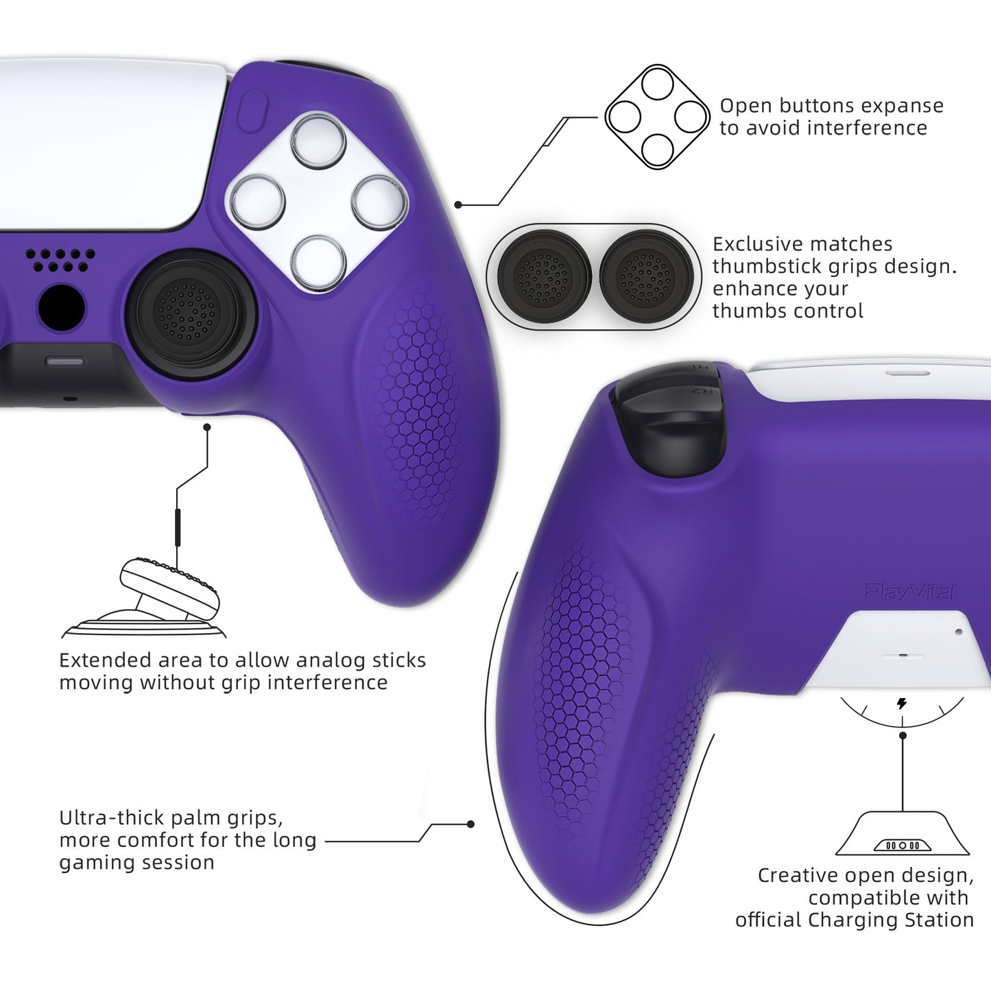 PlayVital Ninja Edition Anti-Slip Silicone Cover Skin with Thumb Grips for PS5 Wireless Controller, Compatible with Charging Station - Purple - MQRPFP003 PlayVital