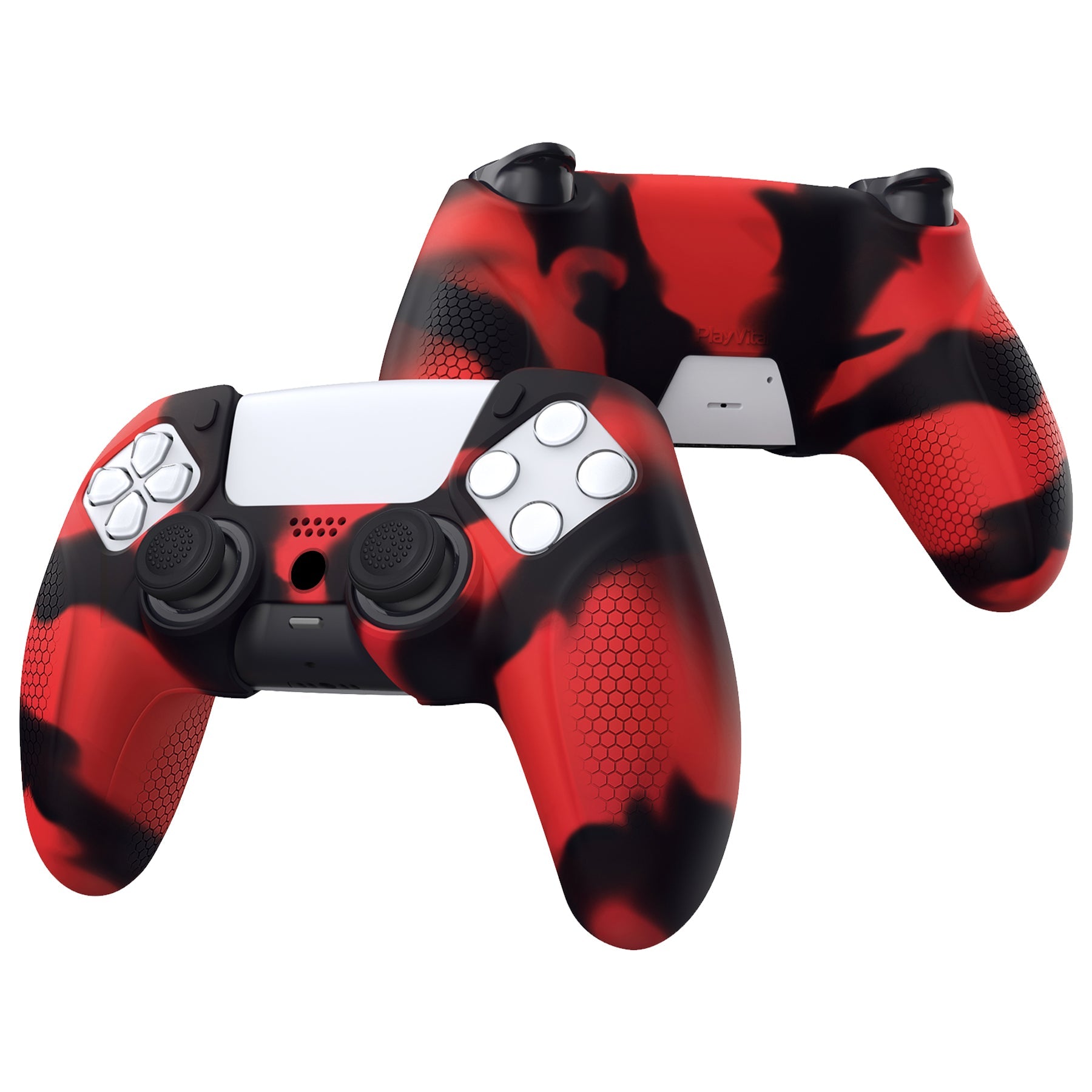 PlayVital Ninja Edition Anti-Slip Silicone Cover Skin with Thumb Grips for PS5 Wireless Controller, Compatible with Charging Station - Red & Black - MQRPFP007 PlayVital