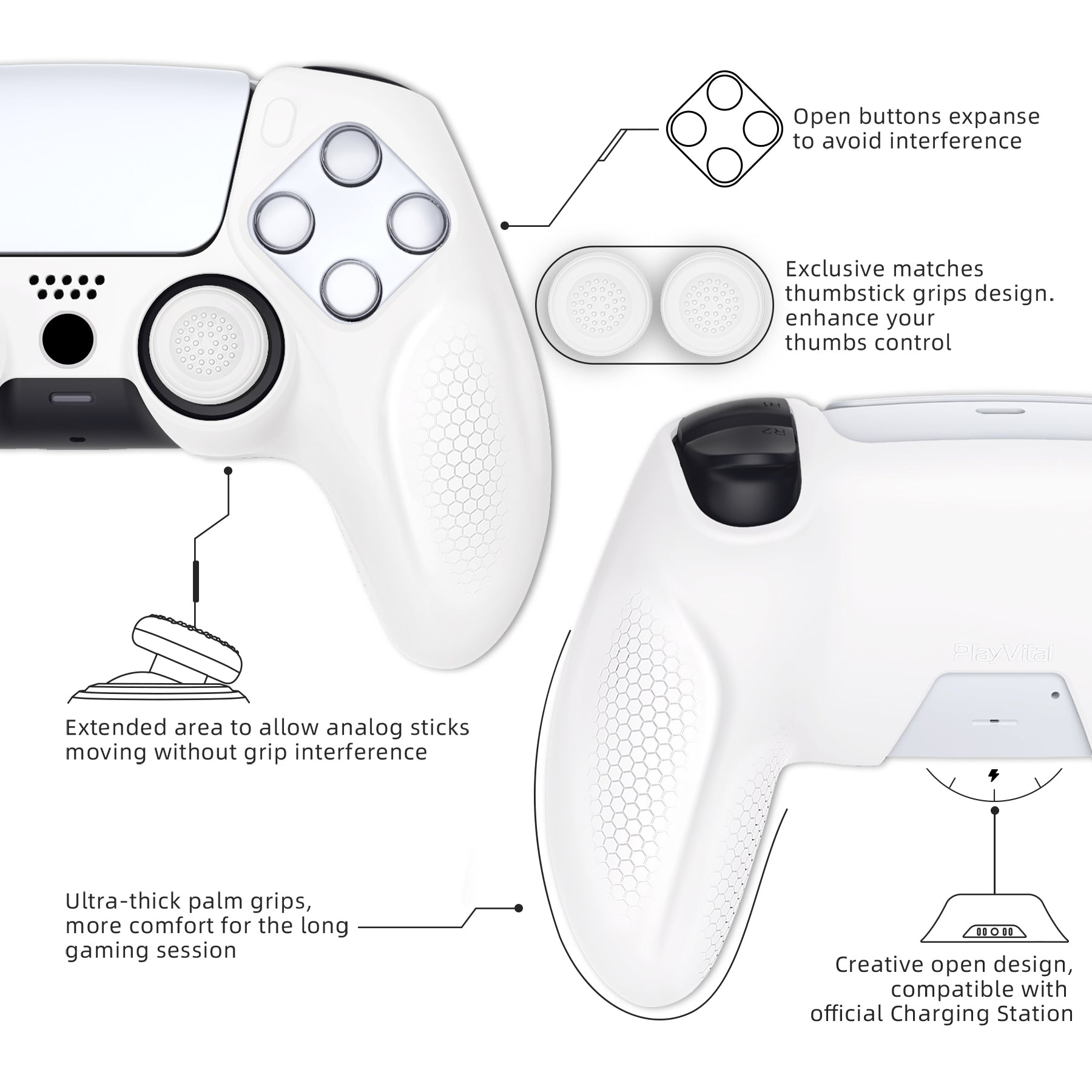 PlayVital Ninja Edition Anti-Slip Silicone Cover Skin with Thumb Grips for PS5 Wireless Controller, Compatible with Charging Station - White - MQRPFP002 PlayVital