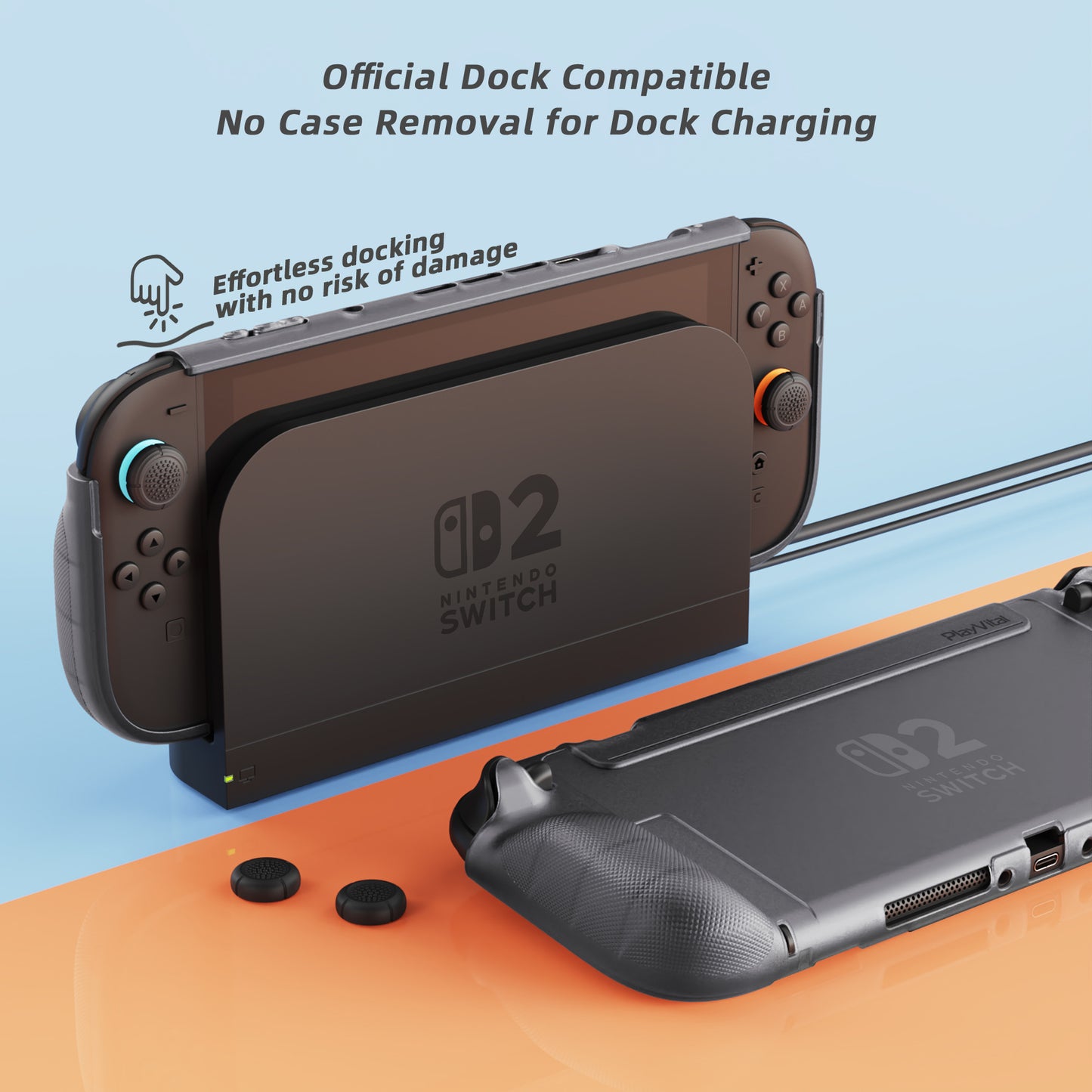 PlayVital PURE グリップケース for Nintendo Switch 2、耐衝撃TPU保護カバー 人間工学に基づいた滑り止めグリップデザイン＆サムスティックキャップ【クリアブラック】