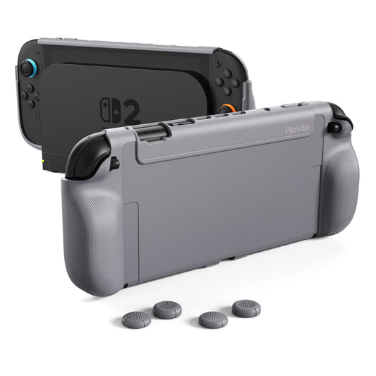 PlayVital PURE グリップケース for Nintendo Switch 2、耐衝撃TPU保護カバー 人間工学に基づいた滑り止めグリップデザイン＆サムスティックキャップ【グレー】