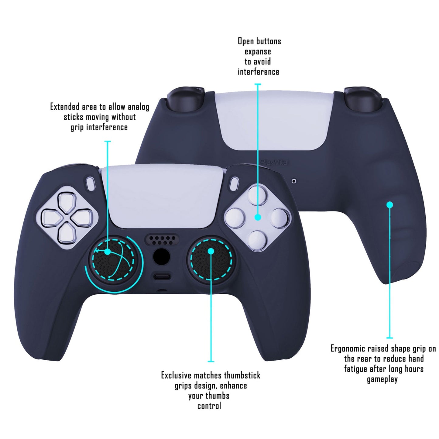 PlayVital Pure Series Anti-Slip Silicone Cover Skin with Thumb Grip Caps for PS5 Wireless Controller - Midnight Blue - KOPF003 PlayVital