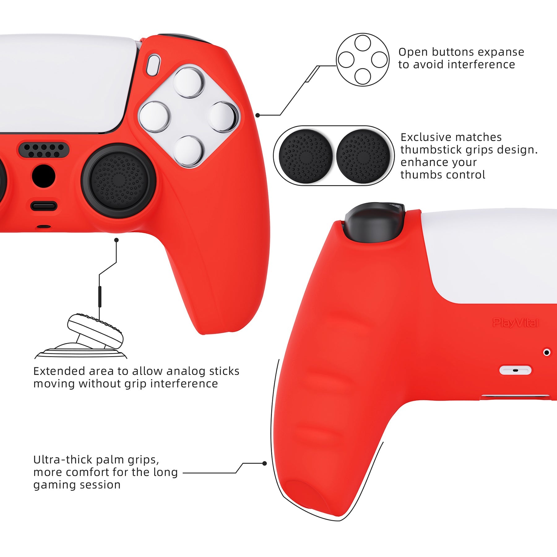 PlayVital Pure Series Anti-Slip Silicone Cover Skin with Thumb Grip Caps for PS5 Wireless Controller - Passion Red - KOPF017 PlayVital