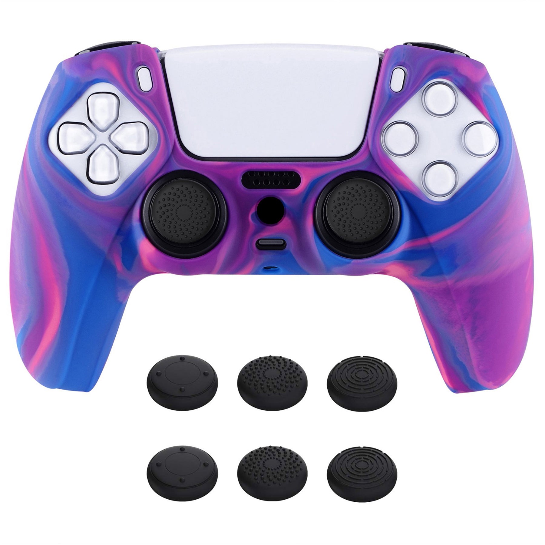 PlayVital Pure Series Anti-Slip Silicone Cover Skin with Thumb Grip Caps for PS5 Wireless Controller - Pink & Purple & Blue - KOPF015 PlayVital