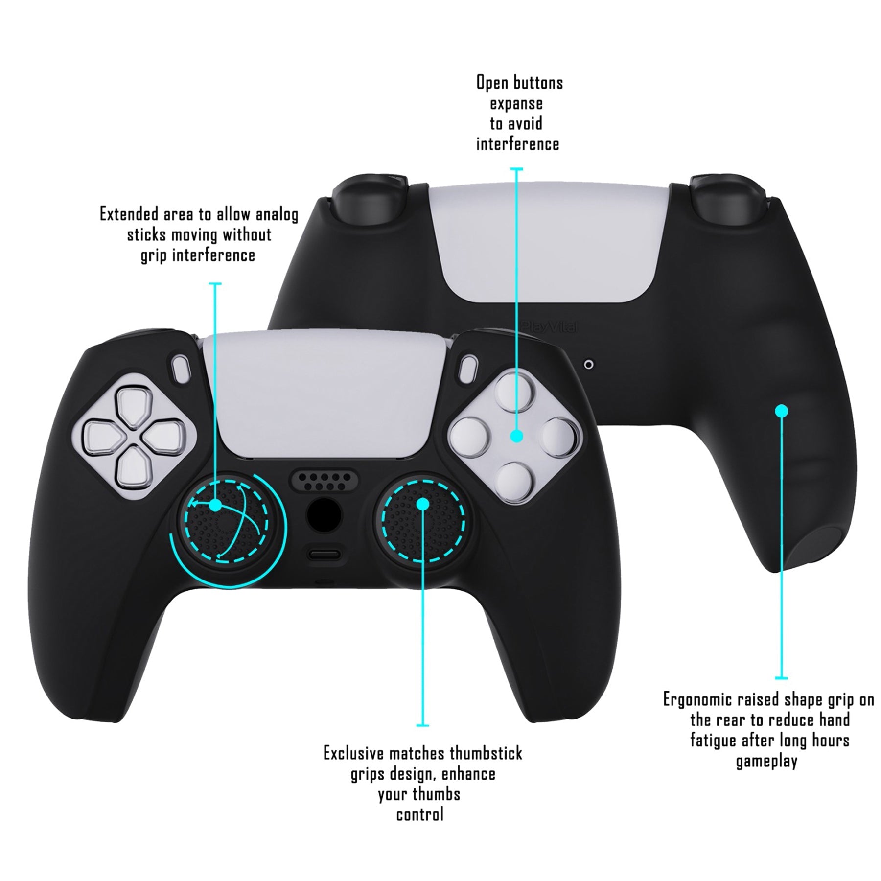 PlayVital Pure Series Anti-Slip Silicone Cover Skin with Thumb Grip Caps for PS5 Wireless Controller - Black - KOPF001 PlayVital