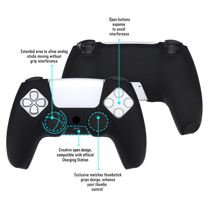 PlayVital Pure Series Dockable Model Anti-Slip Silicone Cover Skin with Thumb Grip Caps for PS5 Wireless Controller - Compatible with Charging Station - Black - EKPFP001 PlayVital