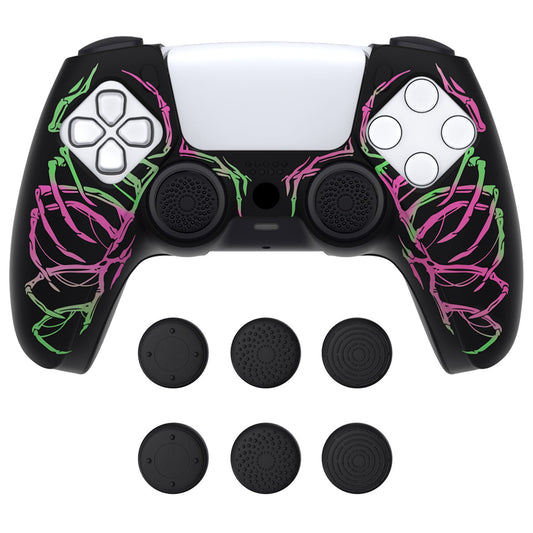 PlayVital Pure Series Dockable Model Anti-Slip Silicone Cover Skin with Thumb Grip Caps for PS5 Wireless Controller - Compatible with Charging Station - Carving Skull Pink & Green - EKPFL001 PlayVital