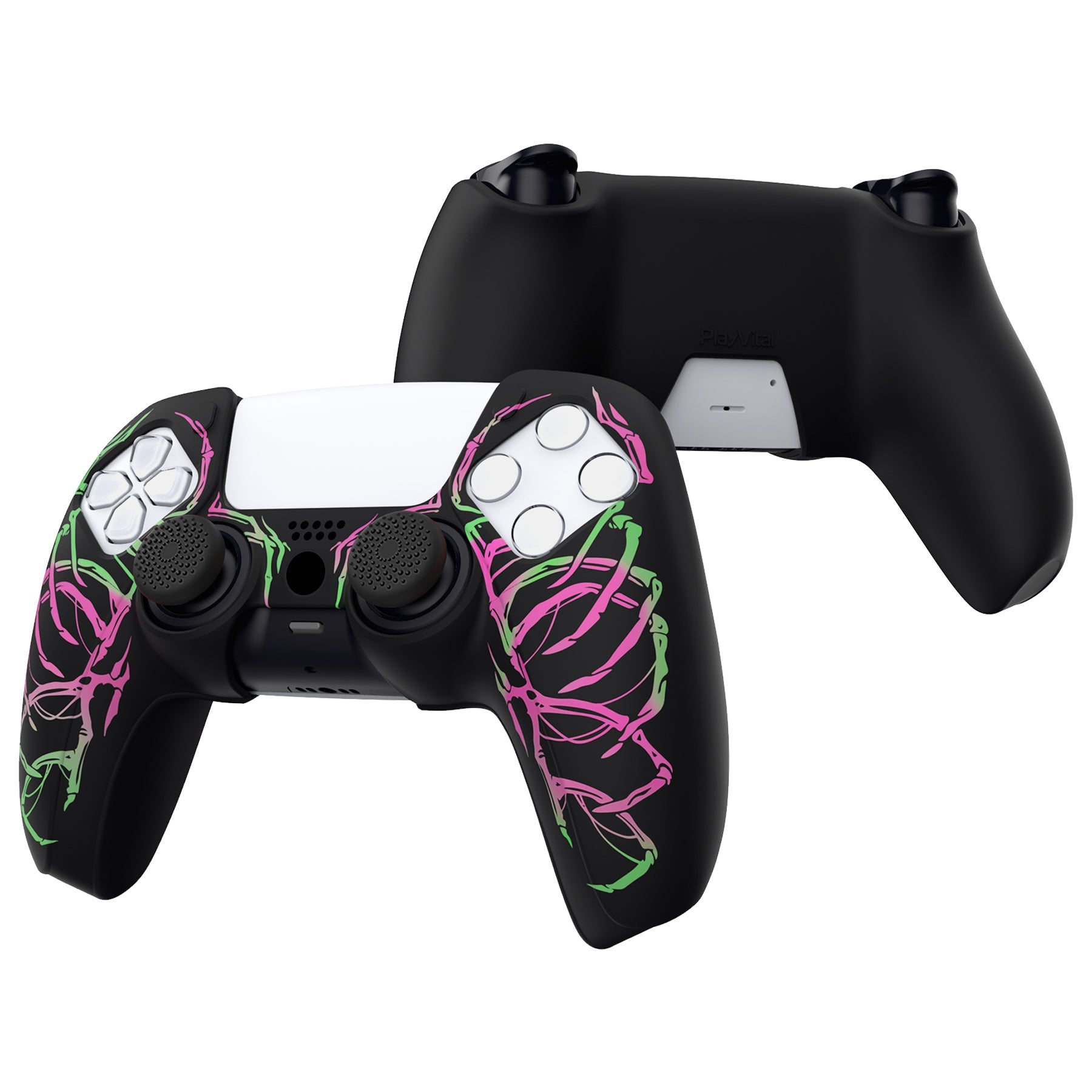 PlayVital Pure Series Dockable Model Anti-Slip Silicone Cover Skin with Thumb Grip Caps for PS5 Wireless Controller - Compatible with Charging Station - Carving Skull Pink & Green - EKPFL001 PlayVital