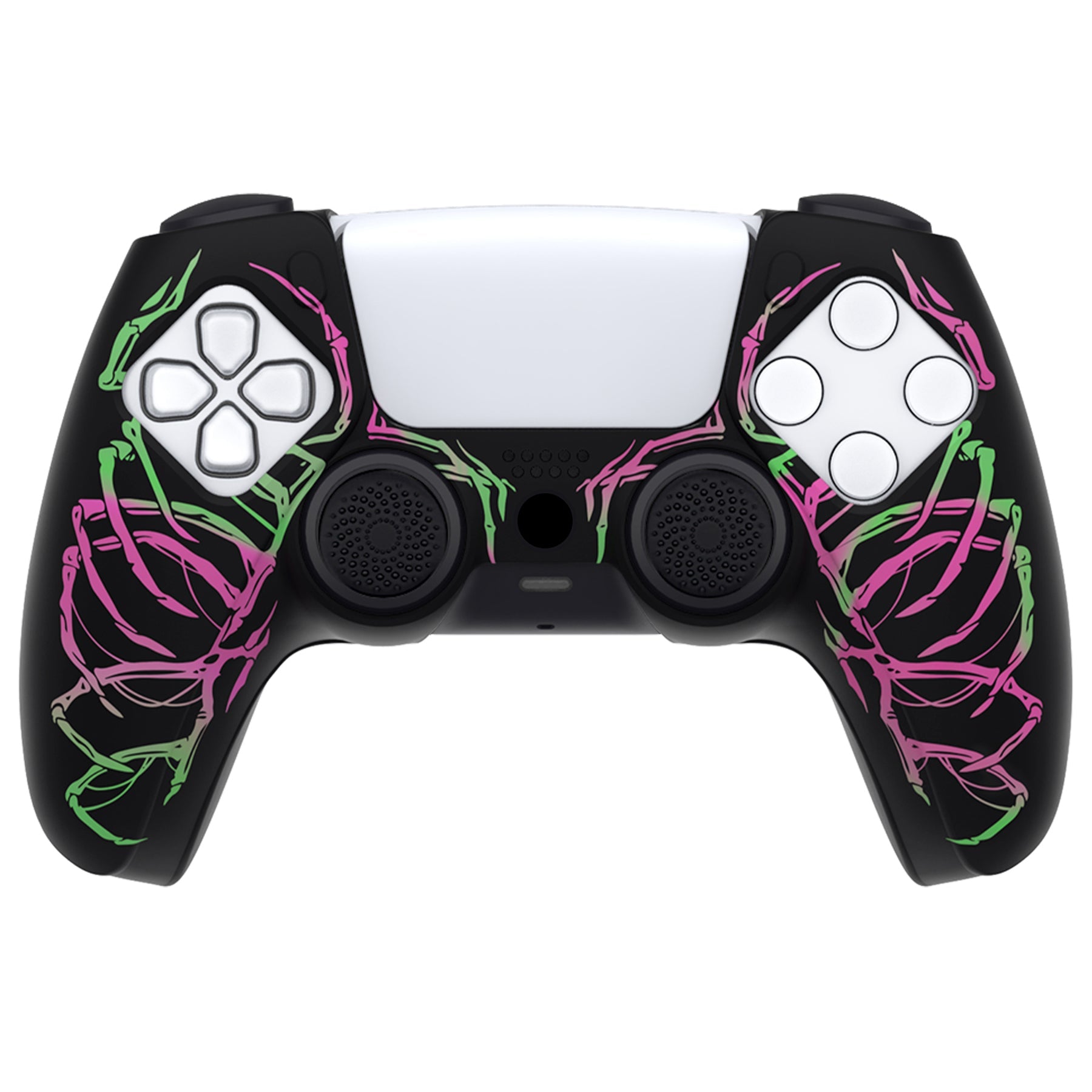 PlayVital Pure Series Dockable Model Anti-Slip Silicone Cover Skin with Thumb Grip Caps for PS5 Wireless Controller - Compatible with Charging Station - Carving Skull Pink & Green - EKPFL001 PlayVital