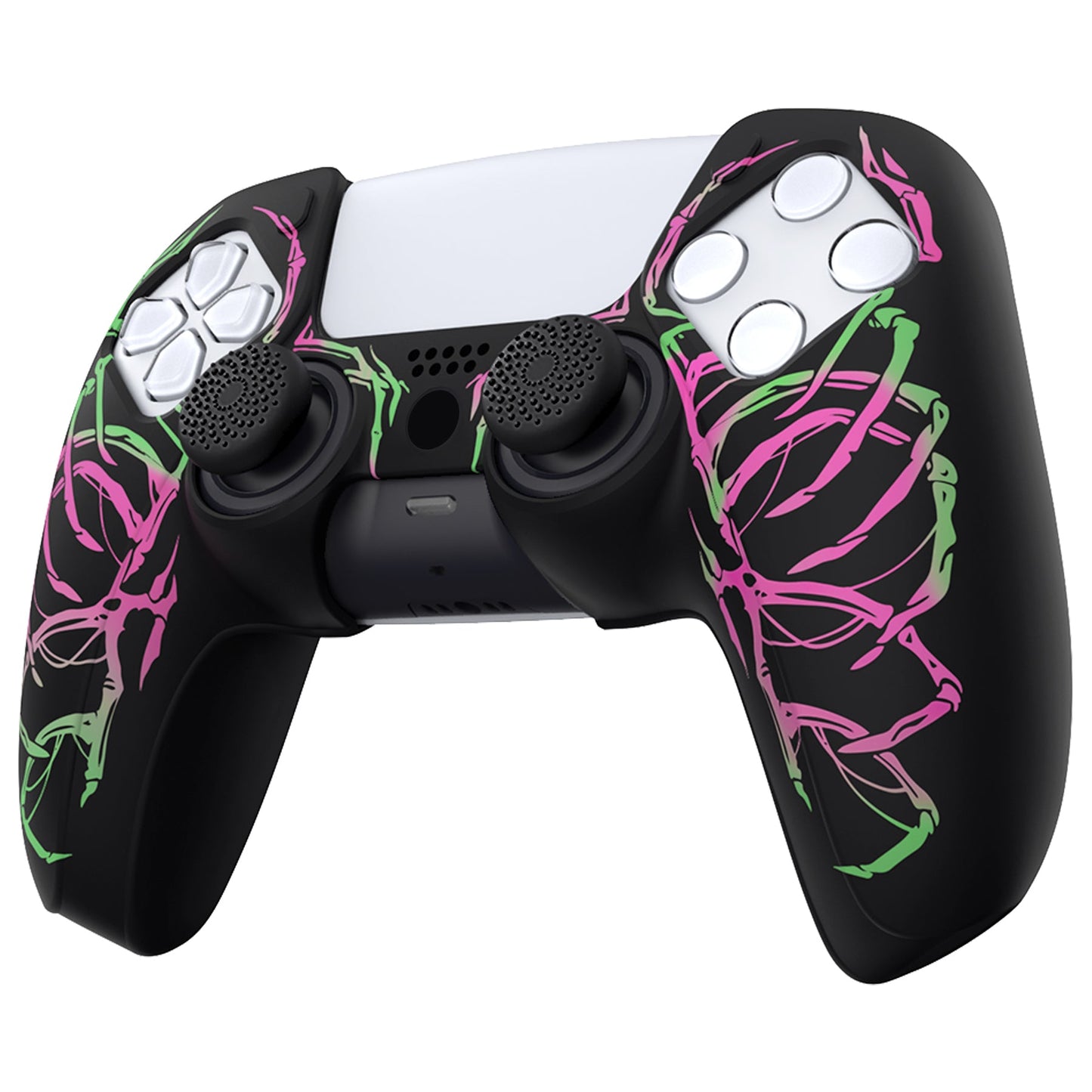 PlayVital Pure Series Dockable Model Anti-Slip Silicone Cover Skin with Thumb Grip Caps for PS5 Wireless Controller - Compatible with Charging Station - Carving Skull Pink & Green - EKPFL001 PlayVital