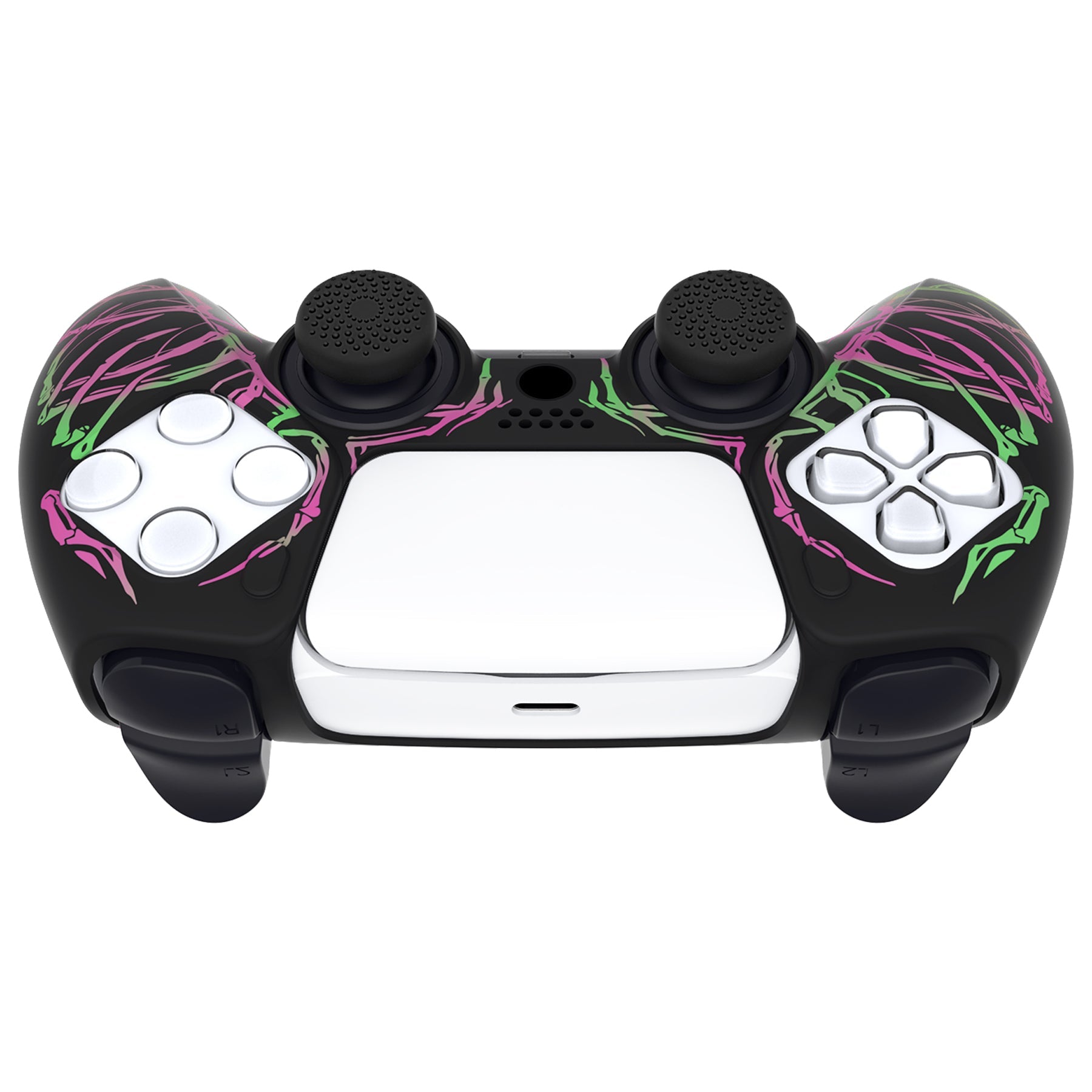 PlayVital Pure Series Dockable Model Anti-Slip Silicone Cover Skin with Thumb Grip Caps for PS5 Wireless Controller - Compatible with Charging Station - Carving Skull Pink & Green - EKPFL001 PlayVital