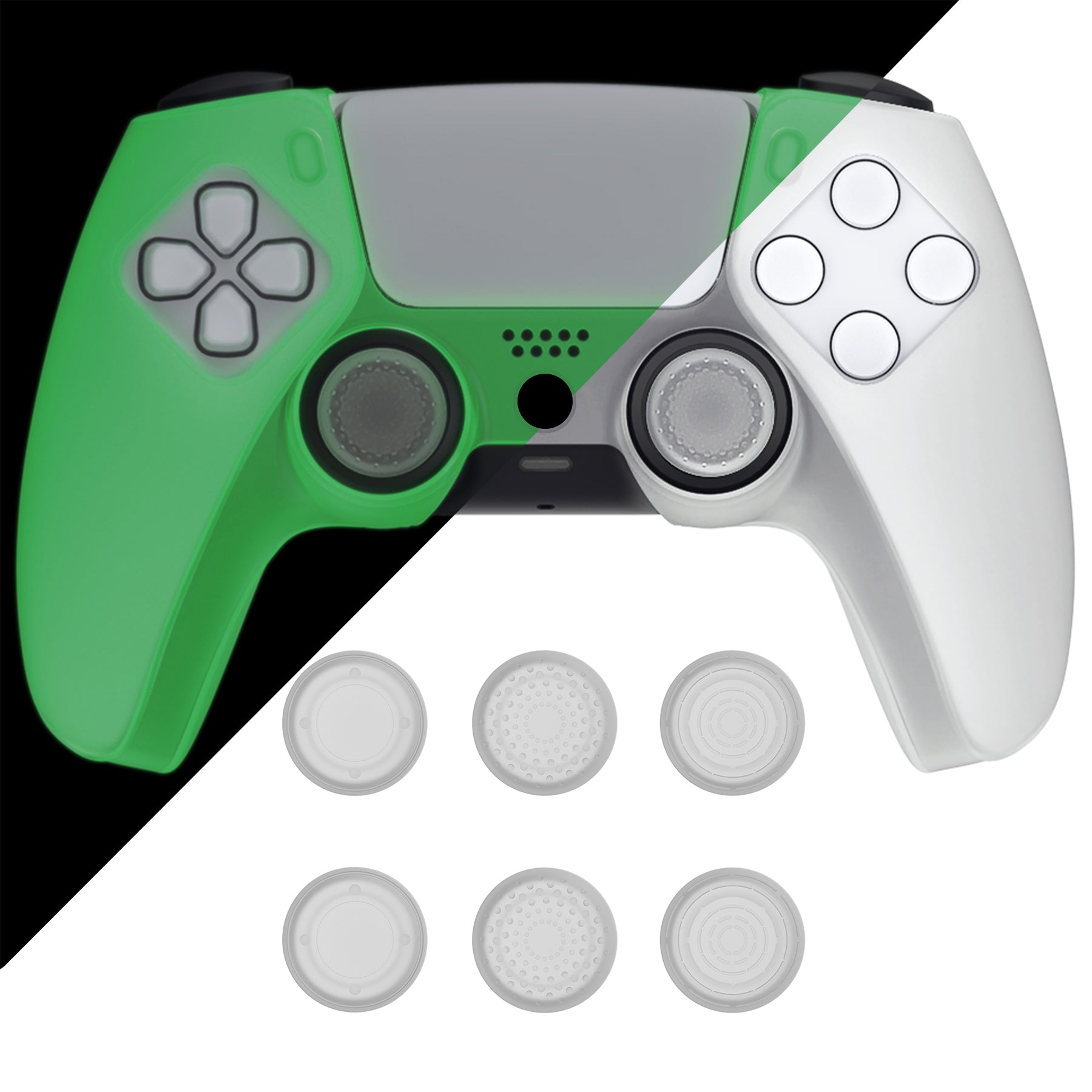 PlayVital Pure Series Dockable Model Anti-Slip Silicone Cover Skin with Thumb Grip Caps for PS5 Wireless Controller - Compatible with Charging Station - Glow in Dark - Green - EKPFP004 PlayVital