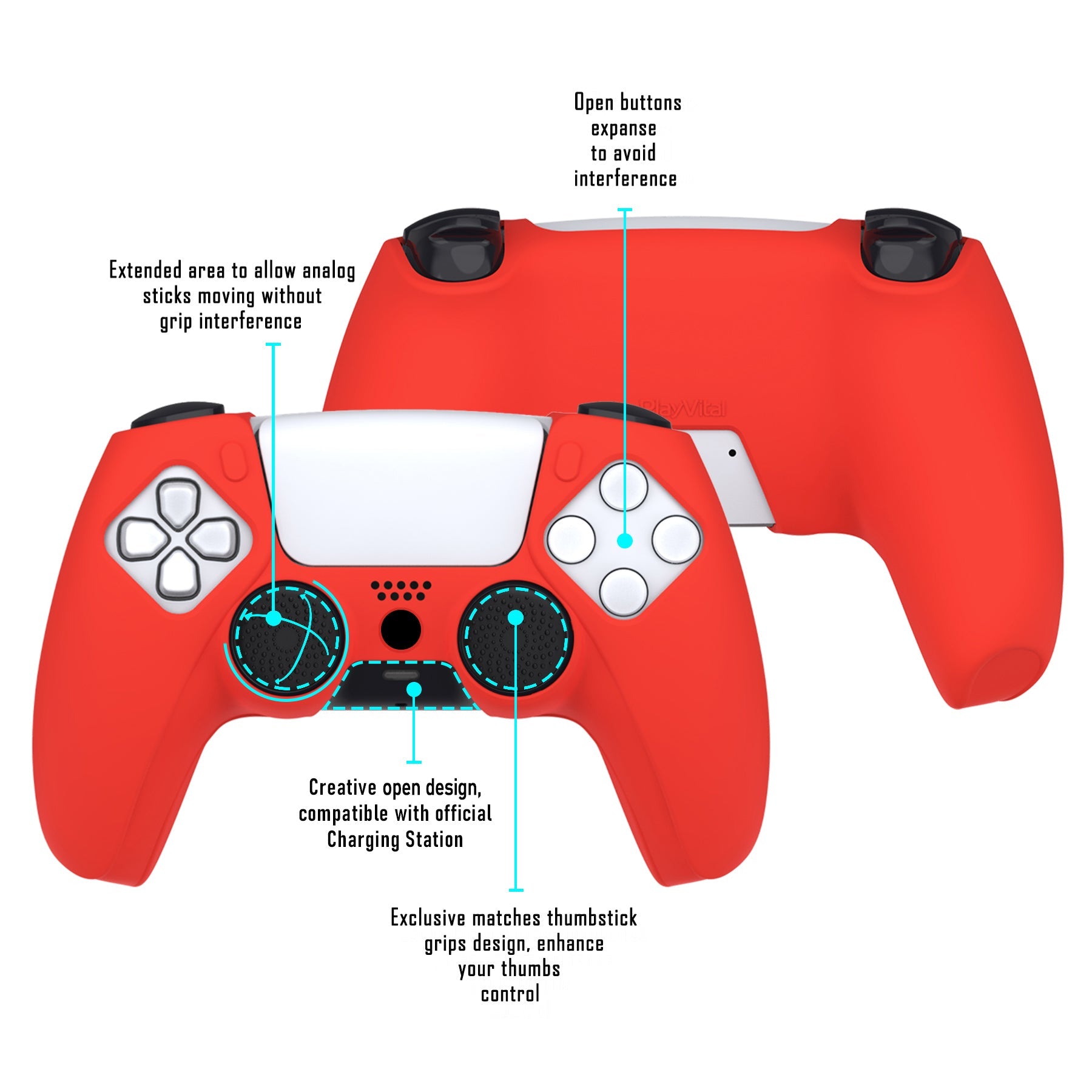 PlayVital Pure Series Dockable Model Anti-Slip Silicone Cover Skin with Thumb Grip Caps for PS5 Wireless Controller - Compatible with Charging Station - Passion Red - EKPFP005 PlayVital