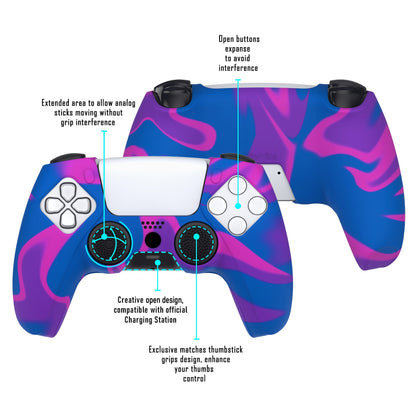 PlayVital Pure Series Dockable Model Anti-Slip Silicone Cover Skin with Thumb Grip Caps for PS5 Wireless Controller - Compatible with Charging Station - Pink & Purple & Blue - EKPFP003 PlayVital