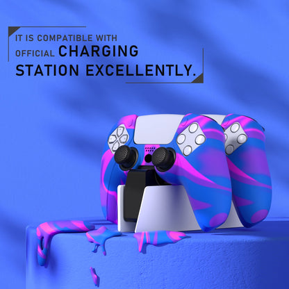 PlayVital Pure Series Dockable Model Anti-Slip Silicone Cover Skin with Thumb Grip Caps for PS5 Wireless Controller - Compatible with Charging Station - Pink & Purple & Blue - EKPFP003 PlayVital