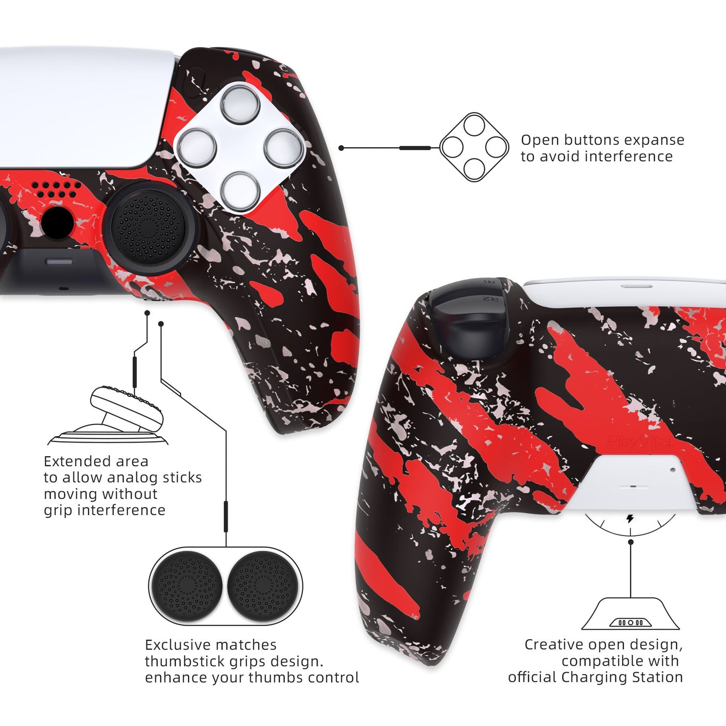 PlayVital Pure Series Dockable Model Anti-Slip Silicone Cover Skin with Thumb Grip Caps for PS5 Wireless Controller - Compatible with Charging Station - Red Splash - EKPFS003 PlayVital