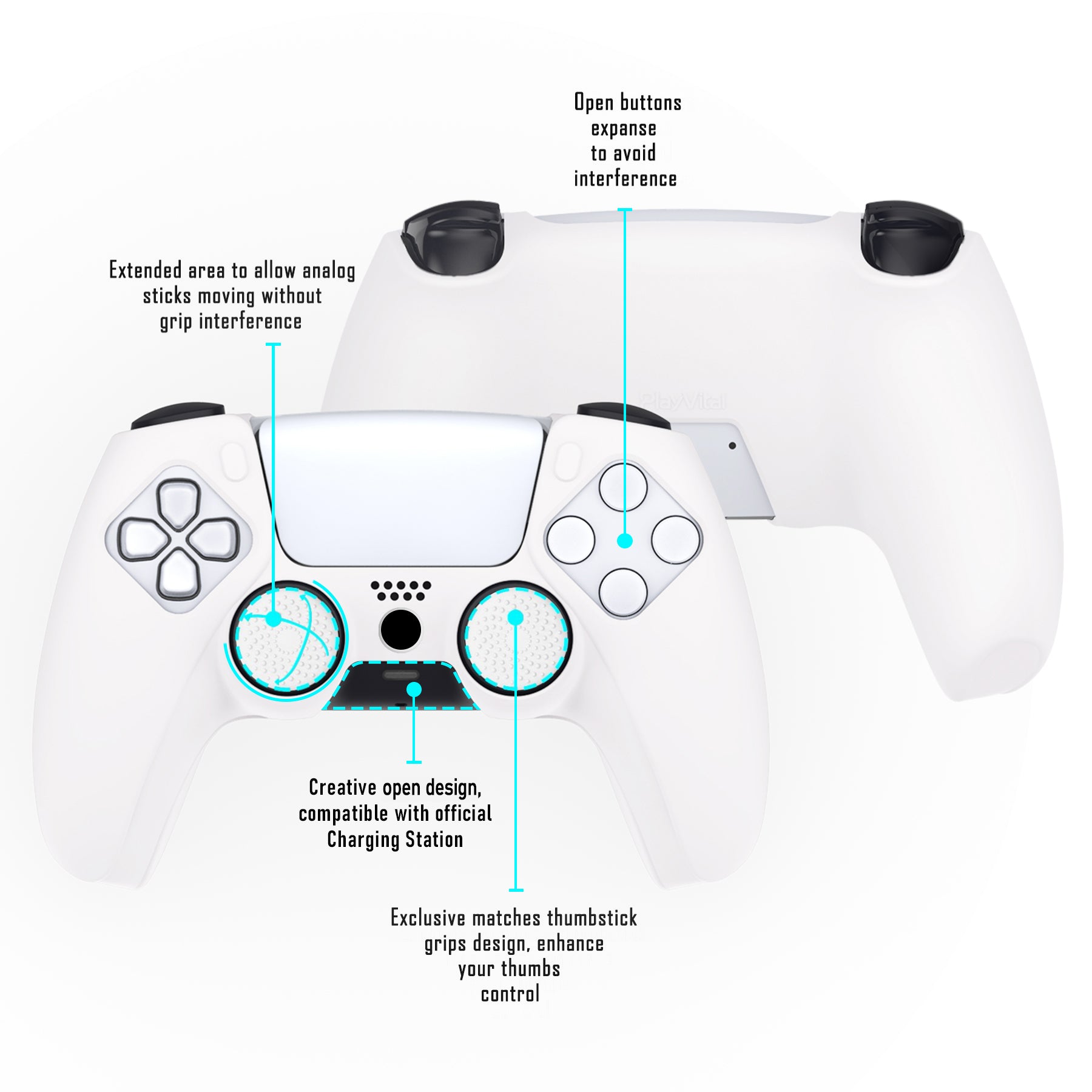 PlayVital Pure Series Dockable Model Anti-Slip Silicone Cover Skin with Thumb Grip Caps for PS5 Wireless Controller - Compatible with Charging Station - White - EKPFP002 PlayVital