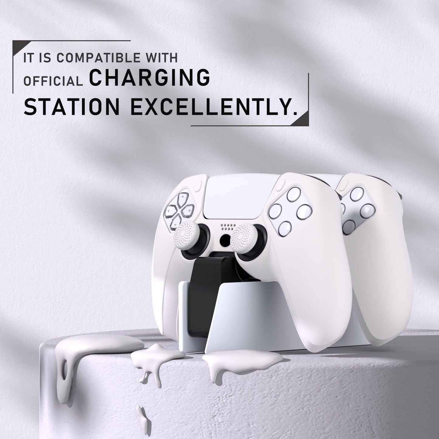 PlayVital Pure Series Dockable Model Anti-Slip Silicone Cover Skin with Thumb Grip Caps for PS5 Wireless Controller - Compatible with Charging Station - White - EKPFP002 PlayVital