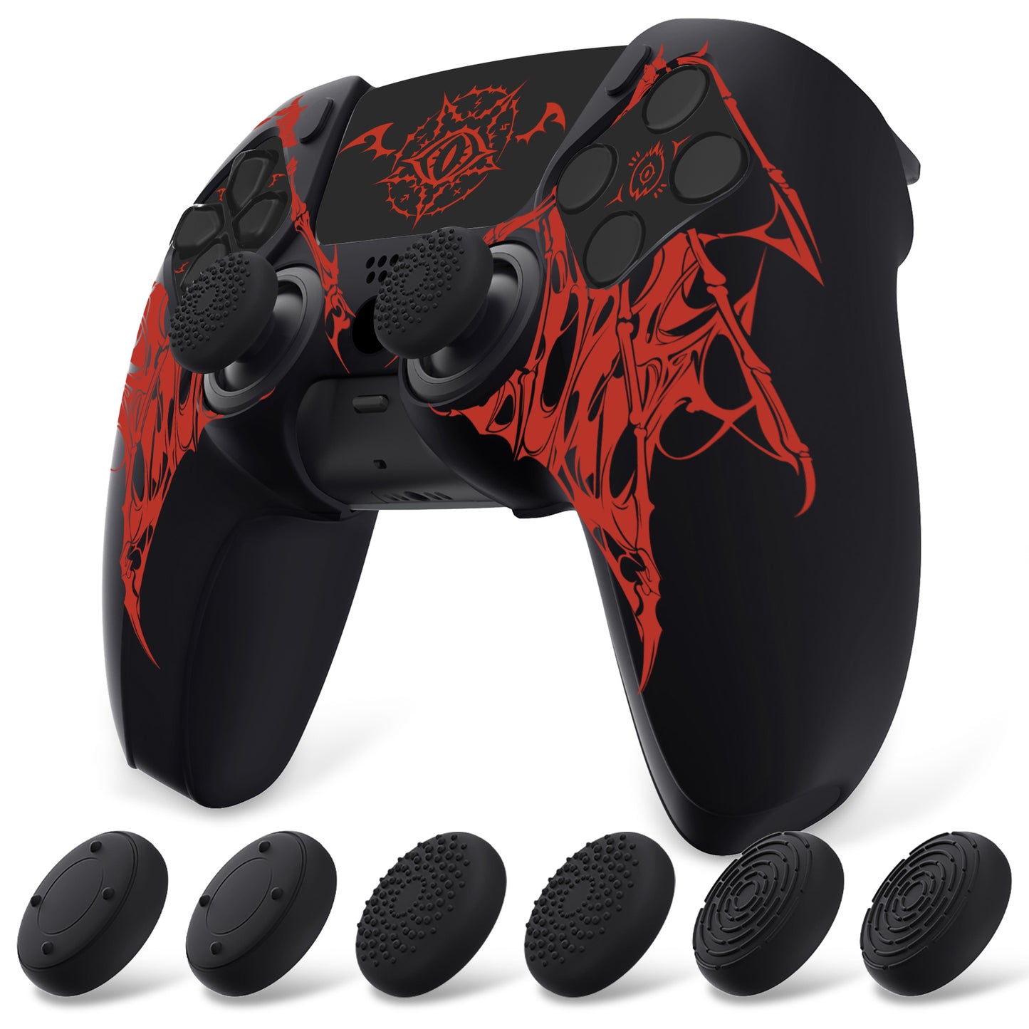 PlayVital Pure Series PS5 コントローラー用 シリコングリップカバー 6個のサムグリップ＆ステッカー付き／充電スタンド対応・滑り止めシリコンスキン【ウィングス・シジル レッド】