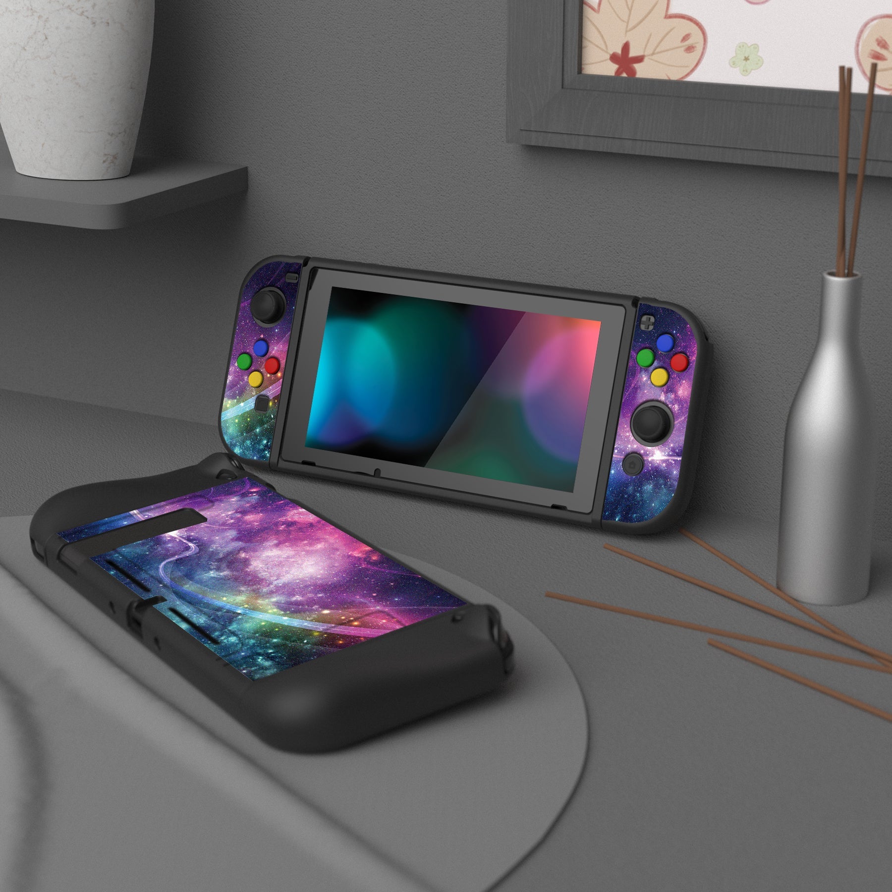 PlayVital Purple Galaxy Protective Case for NS Switch, Soft TPU Slim Case Cover for NS Switch Console with Colorful ABXY Direction Button Caps - NTU6015G2 PlayVital