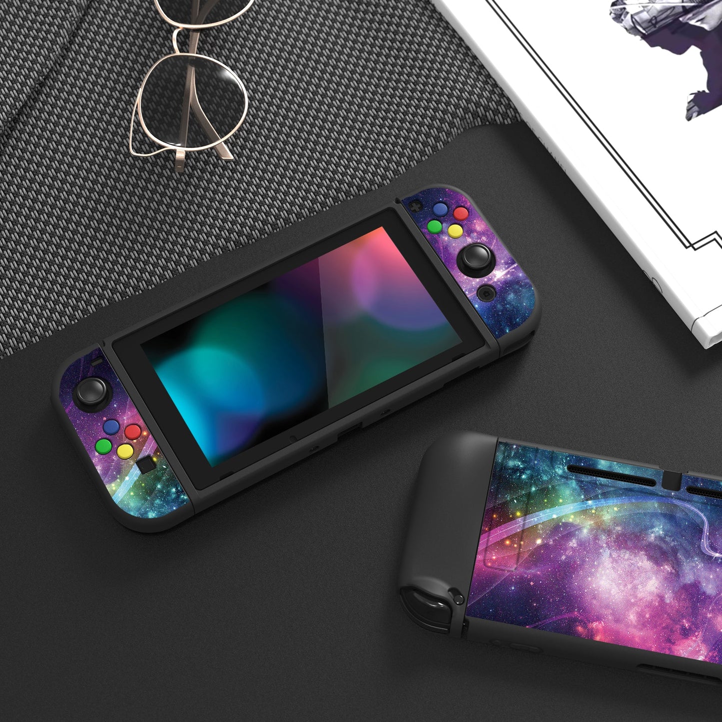 PlayVital Purple Galaxy Protective Case for NS Switch, Soft TPU Slim Case Cover for NS Switch Console with Colorful ABXY Direction Button Caps - NTU6015G2 PlayVital