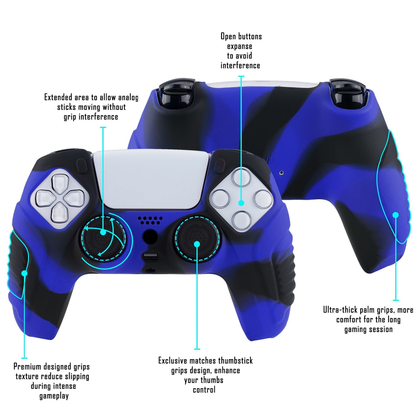 PlayVital Raging Warrior Edition Anti-slip Silicone Cover Skin with Thumbstick Caps for PS5 Wireless Controller - Blue & Black - KZPF006 PlayVital