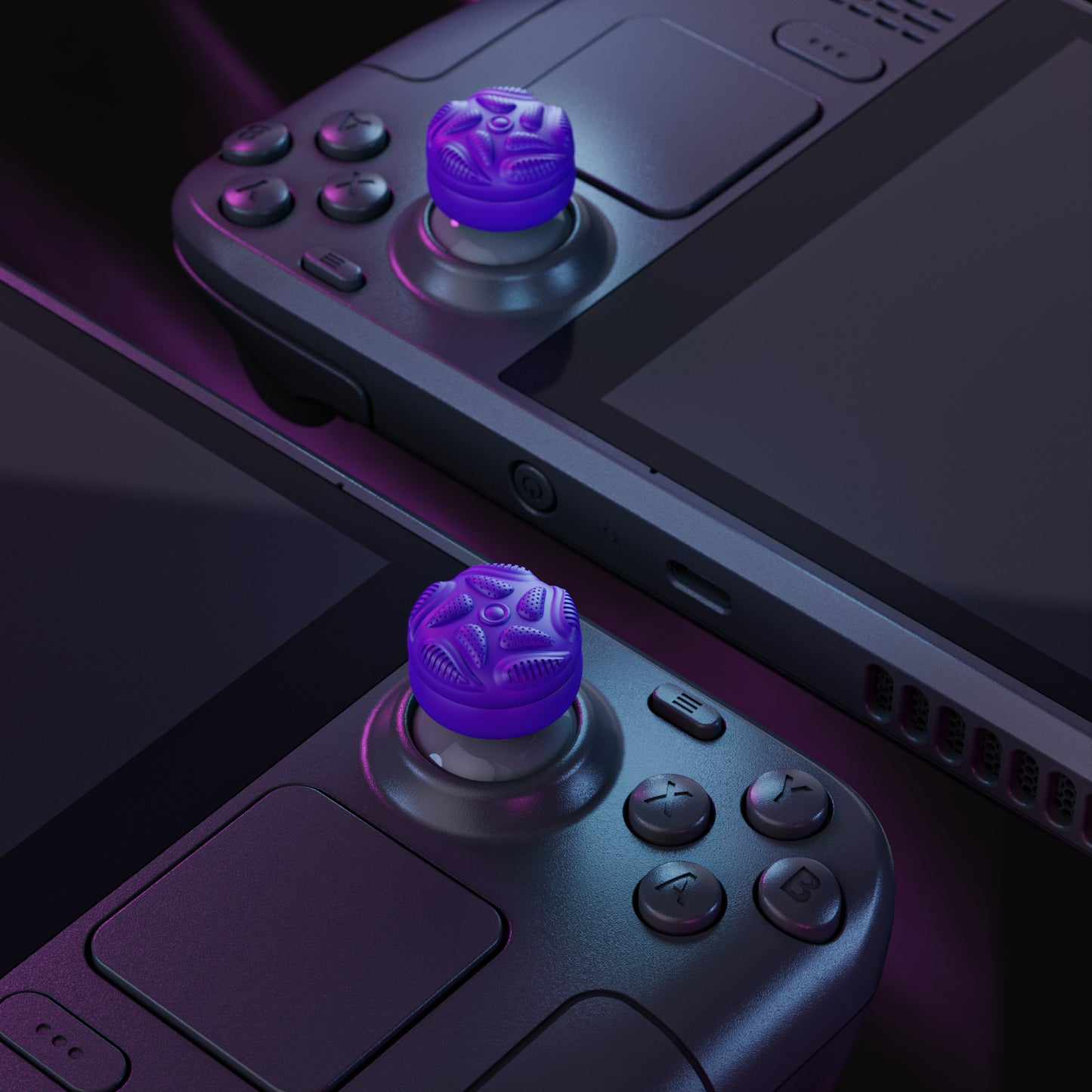 PlayVital Raindrop Texture Design サムクッションキャップ サムグリップ Steam Deck LCD & OLED 用 (4個入り)、高さアップジョイスティックカバー すべり止めテクスチャ付き Steam Deck アクセサリー【パープル】