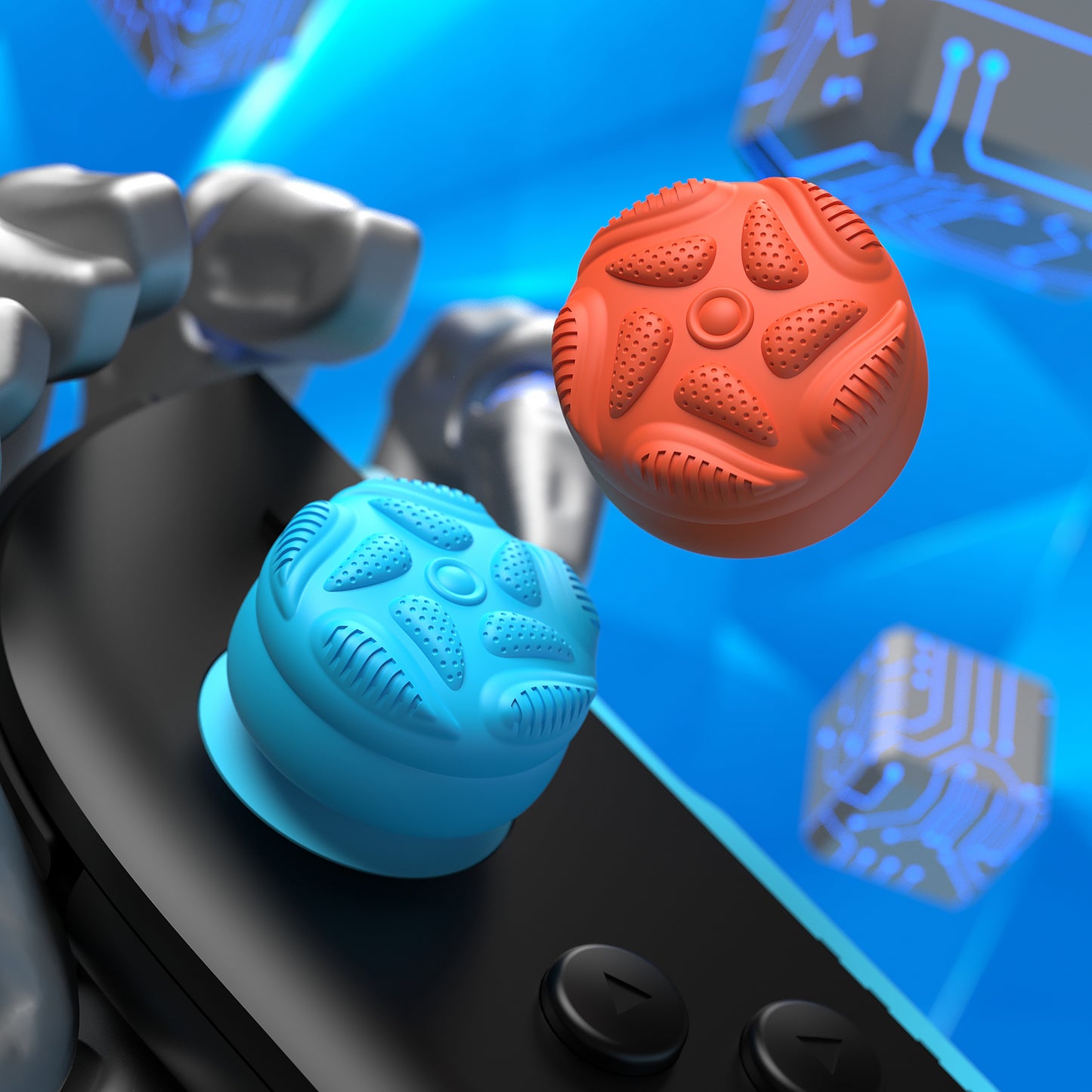 PlayVital Raindrop Texture Design サムクッションキャップ サムグリップ (4個セット) for Switch 2、Nintendo Switch 2 Joycon 用 Anti-Slip Raindrop Texture Design シリコンジョイスティックグリップカバー【ブルー＆オレンジ】