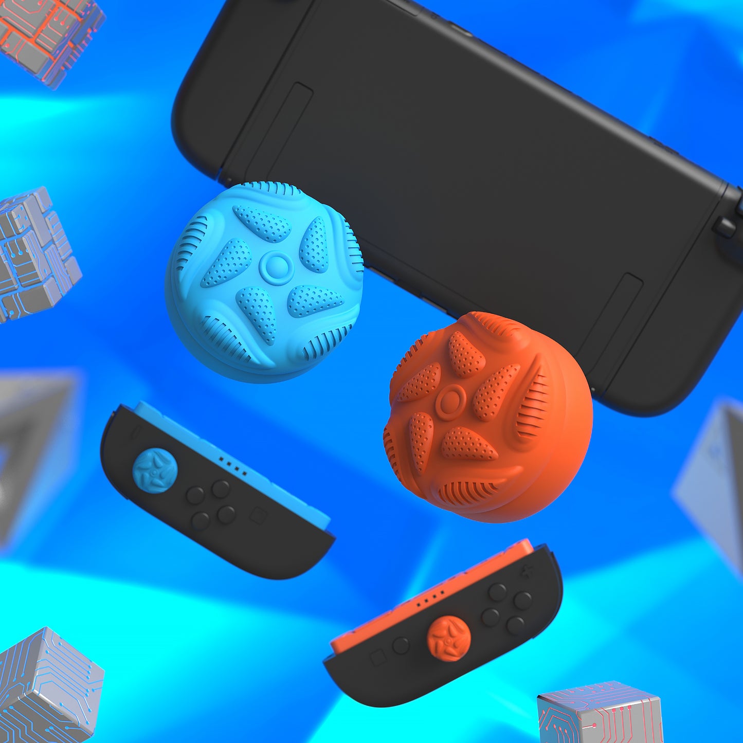 PlayVital Raindrop Texture Design サムクッションキャップ サムグリップ (4個セット) for Switch 2、Nintendo Switch 2 Joycon 用 Anti-Slip Raindrop Texture Design シリコンジョイスティックグリップカバー【ブルー＆オレンジ】