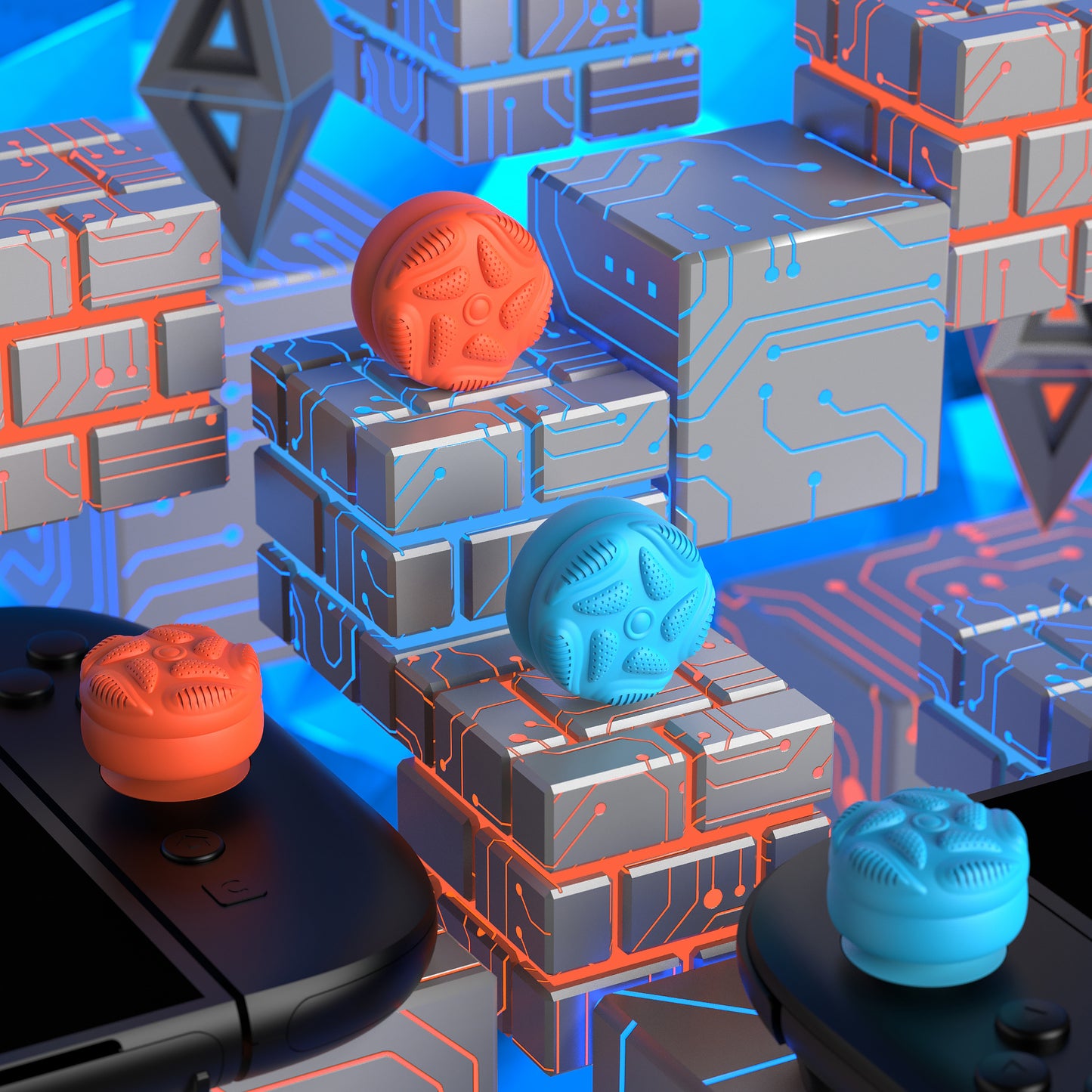 PlayVital Raindrop Texture Design サムクッションキャップ サムグリップ (4個セット) for Switch 2、Nintendo Switch 2 Joycon 用 Anti-Slip Raindrop Texture Design シリコンジョイスティックグリップカバー【ブルー＆オレンジ】