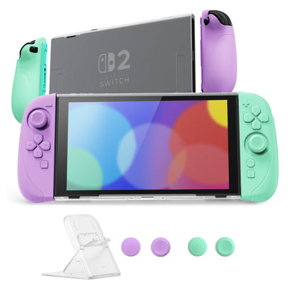 PlayVital Ranger Nintendo Switch 2（2025）対応保護カバー シリコングリップ＋PC製ハードカバーケース 折りたたみスタンド＆親指グリップキャップ付き ドック対応【ソフトバイオレット＆ミントグリーン】
