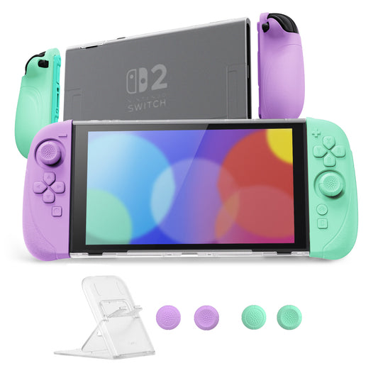 PlayVital Ranger Nintendo Switch 2（2025）対応保護カバー シリコングリップ＋PC製ハードカバーケース 折りたたみスタンド＆親指グリップキャップ付き ドック対応【ライトパープル＆ライトグリーン】