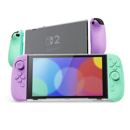 PlayVital Ranger Nintendo Switch 2（2025）対応保護カバー シリコングリップ＋PC製ハードカバーケース 折りたたみスタンド＆親指グリップキャップ付き ドック対応【ソフトバイオレット＆ミントグリーン】