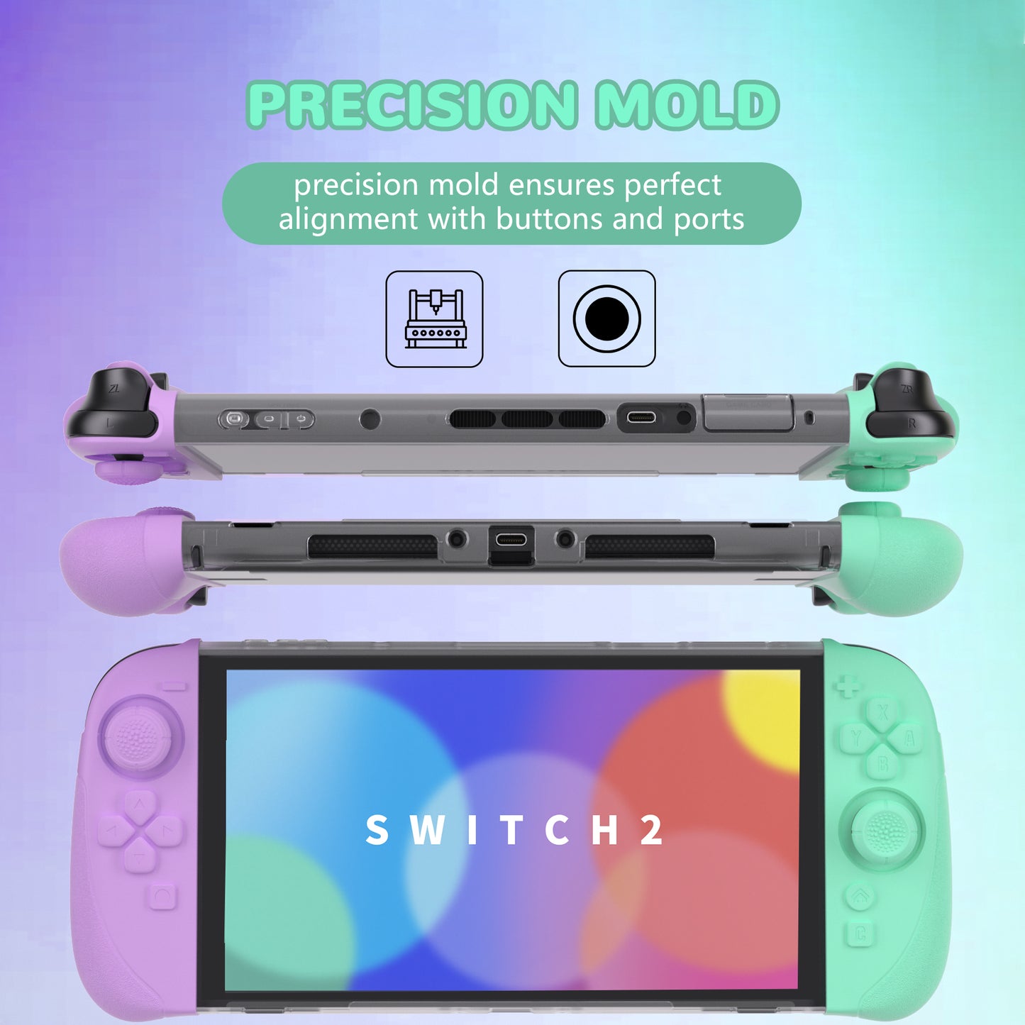 PlayVital Ranger Nintendo Switch 2（2025）対応保護カバー シリコングリップ＋PC製ハードカバーケース 折りたたみスタンド＆親指グリップキャップ付き ドック対応【ソフトバイオレット＆ミントグリーン】