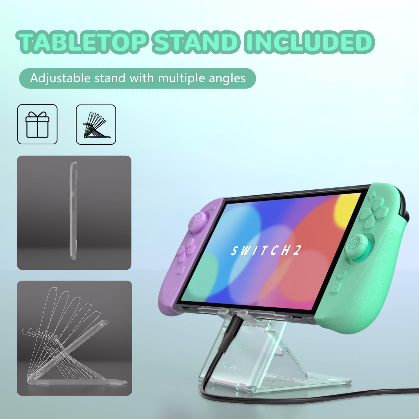 PlayVital Ranger Nintendo Switch 2（2025）対応保護カバー シリコングリップ＋PC製ハードカバーケース 折りたたみスタンド＆親指グリップキャップ付き ドック対応【ソフトバイオレット＆ミントグリーン】