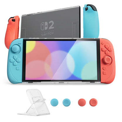 PlayVital Ranger Nintendo Switch 2（2025）対応保護カバー シリコングリップ＋PC製ハードカバーケース 折りたたみスタンド＆親指グリップキャップ付き ドック対応【ブルー＆オレンジ】