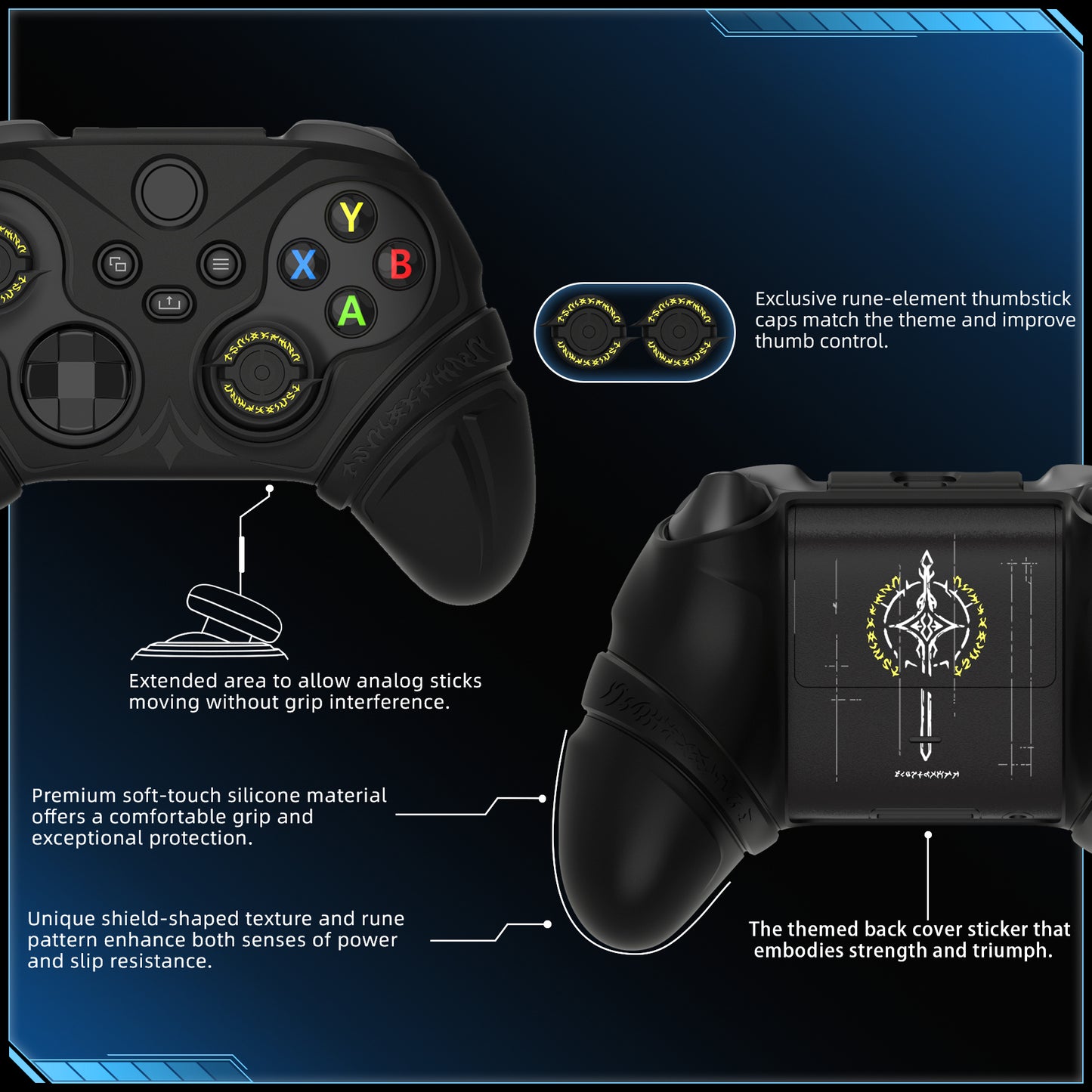 PlayVital Runes Edition シリコンカバースキン Xbox Series X/S コントローラー & Xbox Core ワイヤレスコントローラー用 サムグリップ＆ステッカー付き【ブラック】