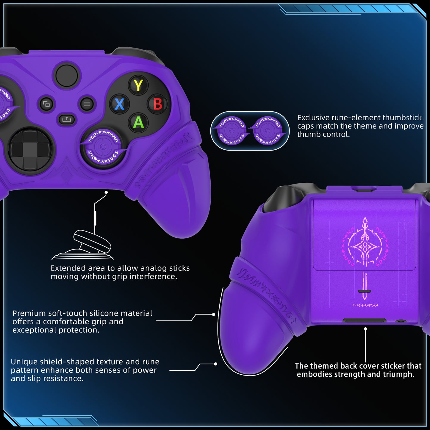 PlayVital Runes Edition シリコンカバースキン Xbox Series X/S コントローラー & Xbox Core ワイヤレスコントローラー用 サムグリップ＆ステッカー付き【パープル】