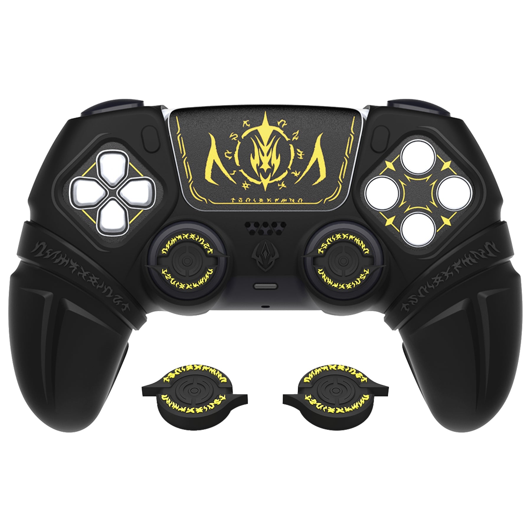 PlayVital Runes Edition Silicone Cover Skin for PS5 Controller with Thumb Grips & Touchpad Skin & D-pad Area Sticker, Compatible with PS5 Charging Dock - Black - FVEPFP001 PlayVital