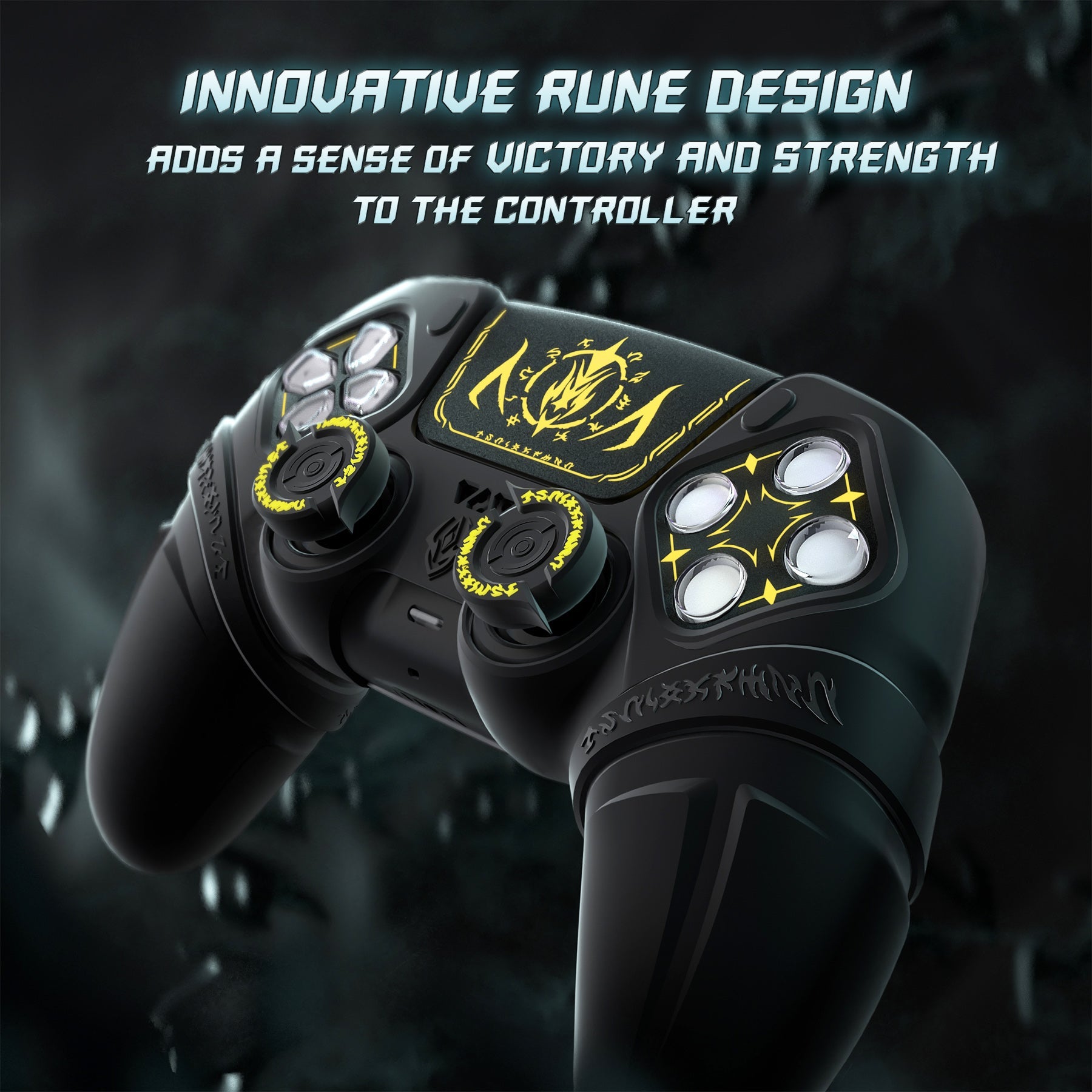 PlayVital Runes Edition Silicone Cover Skin for PS5 Controller with Thumb Grips & Touchpad Skin & D-pad Area Sticker, Compatible with PS5 Charging Dock - Black - FVEPFP001 PlayVital