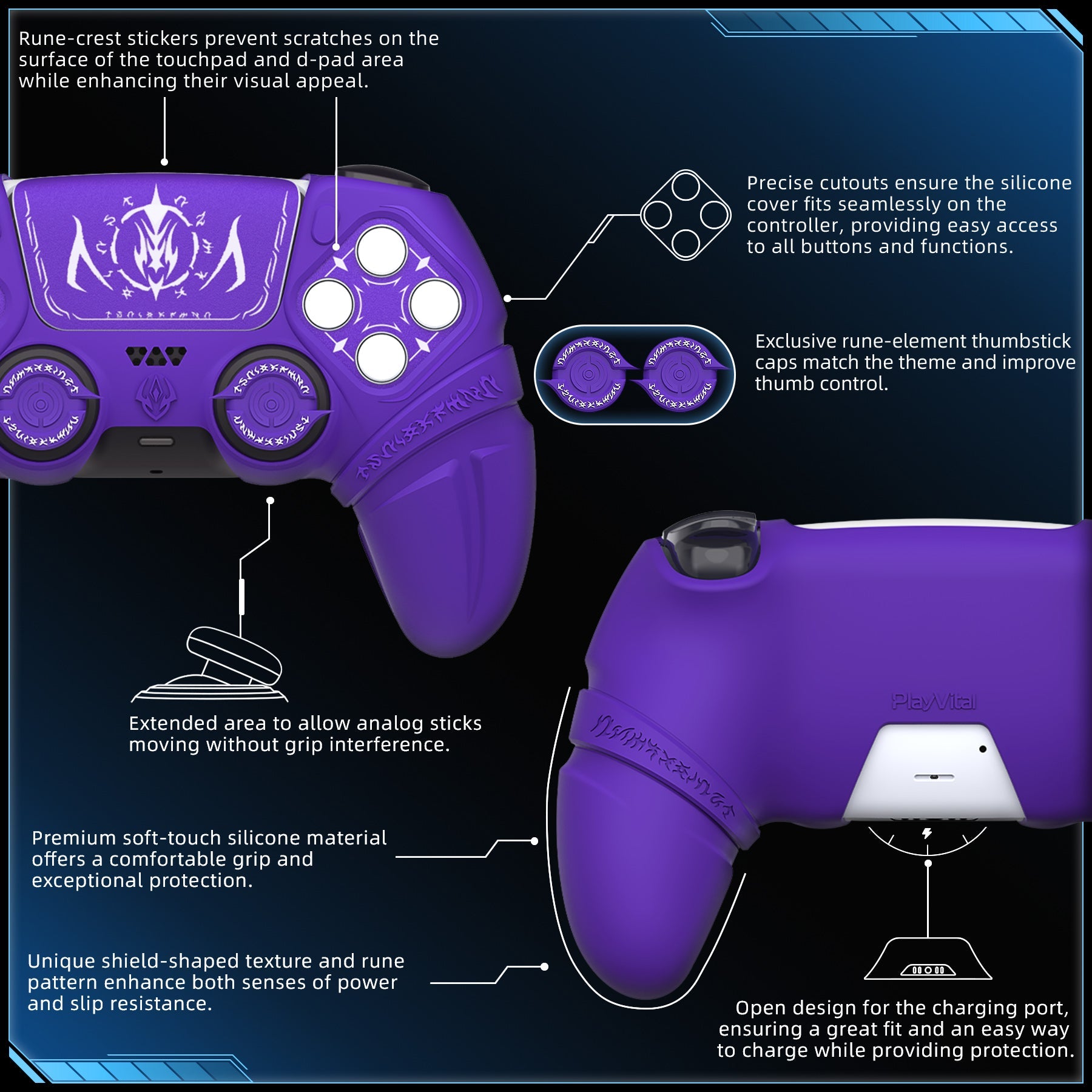 PlayVital Runes Edition Silicone Cover Skin for PS5 Controller with Thumb Grips & Touchpad Skin & D-pad Area Sticker, Compatible with PS5 Charging Dock - Black - FVEPFP001 (Copy) PlayVital