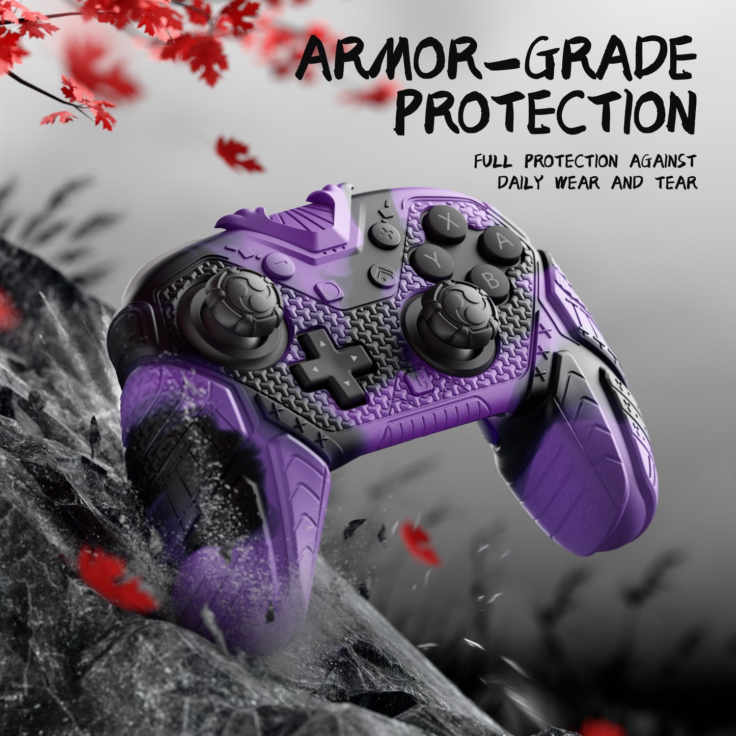 PlayVital 侍アーマーエディション シリコンケース for Switch 2 Pro コントローラー Nintendo Switch 2 Pro コントローラー用 衝撃吸収スキンカバー（背面ボタンキャップ＆スティックカバー＆ステッカー付き）【パープル＆ブラック】