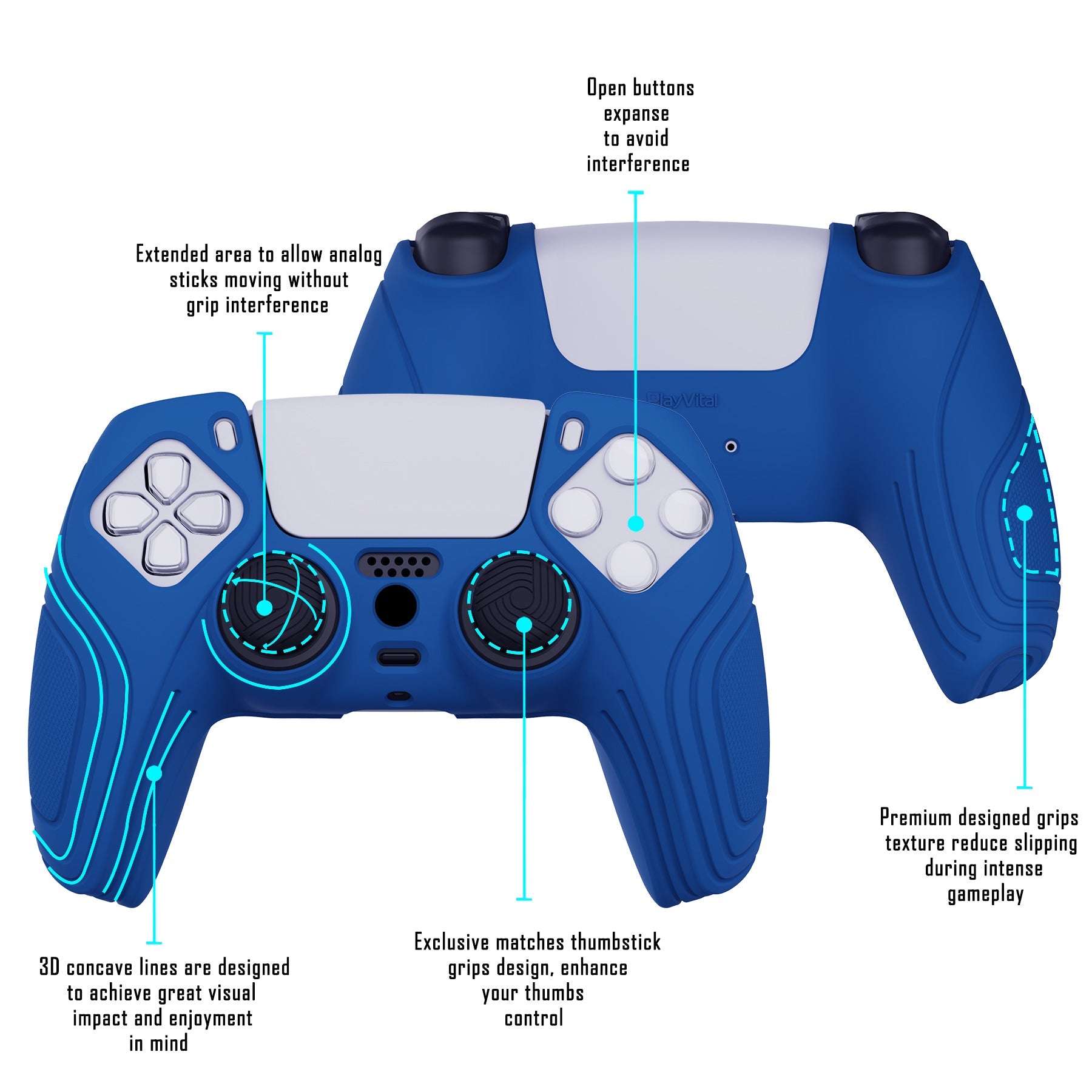 PlayVital Samurai Edition Anti-Slip Silicone Cover Skin with Thumb Grip Caps for PS5 Wireless Controller - Blue - BWPF008 PlayVital