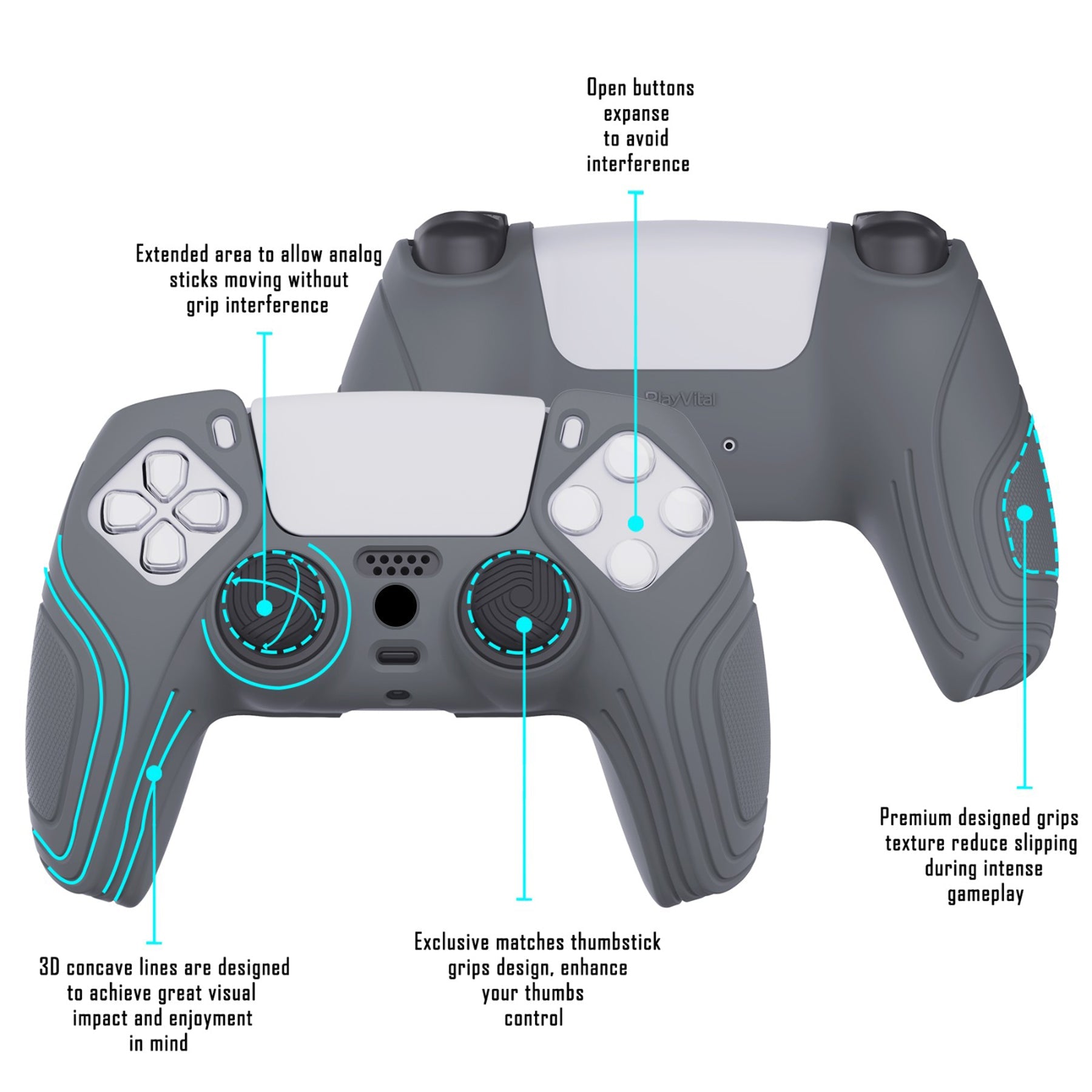 PlayVital Samurai Edition Anti-Slip Silicone Cover Skin with Thumb Grip Caps for PS5 Wireless Controller - Gray - BWPF006 PlayVital